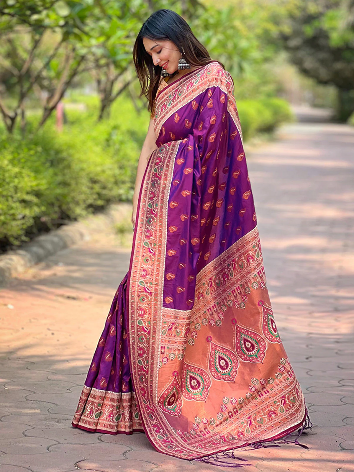 Odette Purple Woven Design Silk Blend Saree With Unstitched Blouse For Women - Image 2