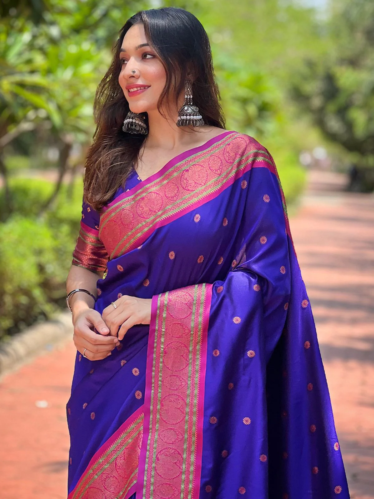 Odette Purple Woven Design Silk Blend Saree With Unstitched Blouse For Women - Image 3