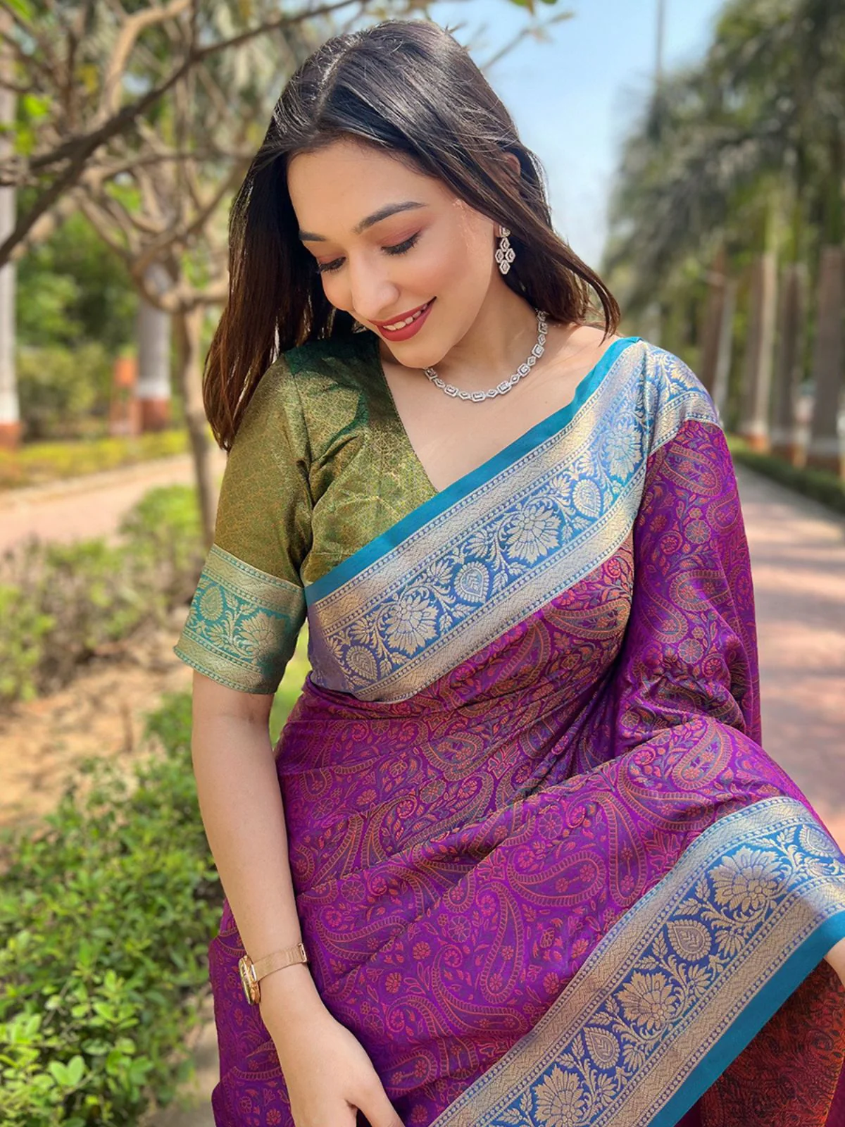 Odette Purple Woven Design Silk Blend Saree With Unstitched Blouse For Women - Image 3
