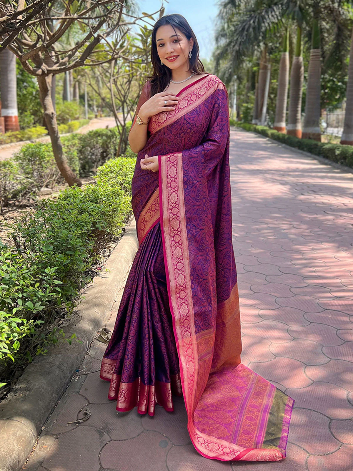 Odette Purple Woven Design Silk Blend Saree With Unstitched Blouse For Women