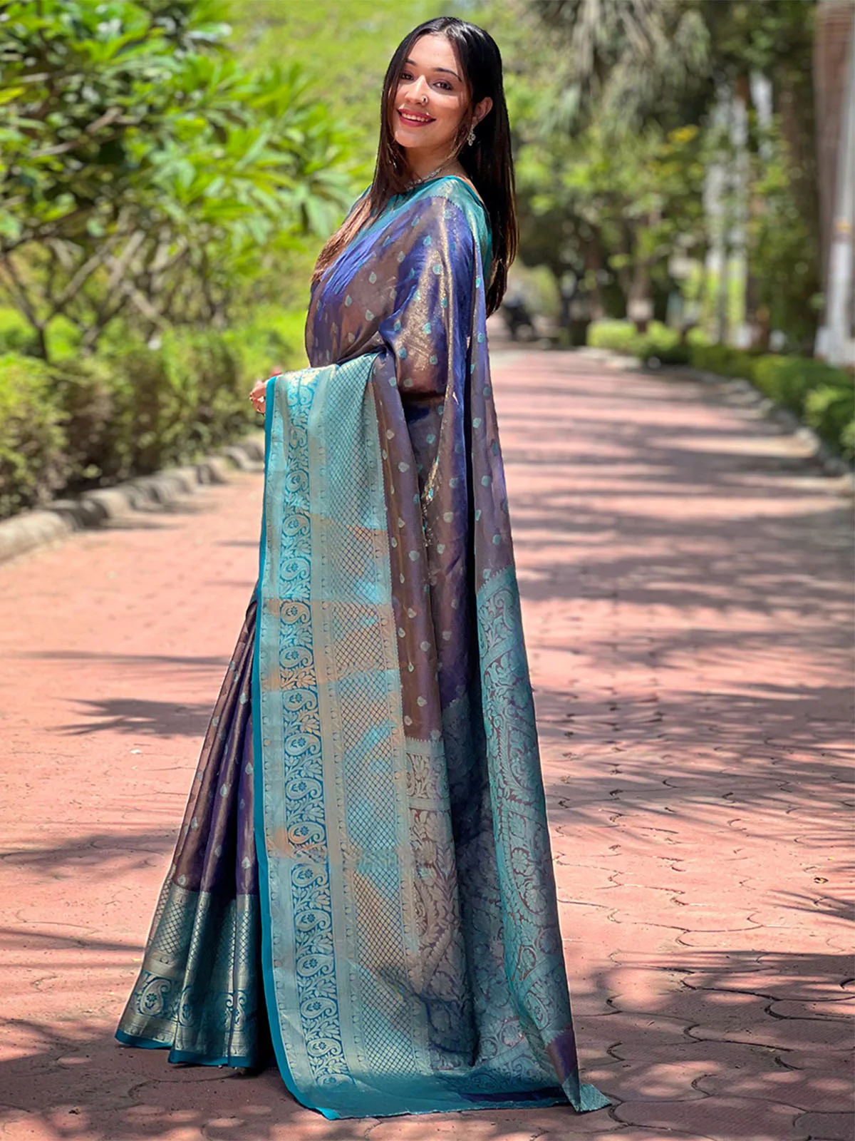 Odette Purple Woven Design Tissue Silk Saree With Unstitched Blouse For Women - Image 2