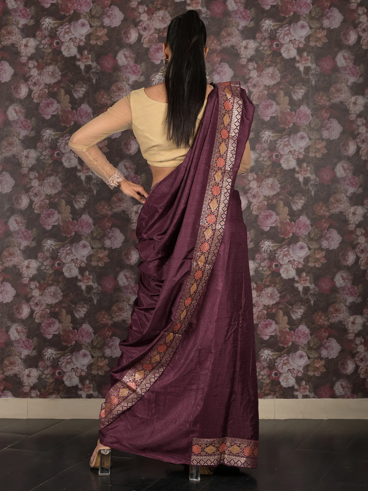 Odette Purple Woven Silk Blend Saree With Unstitched Blouse For Women - Image 4