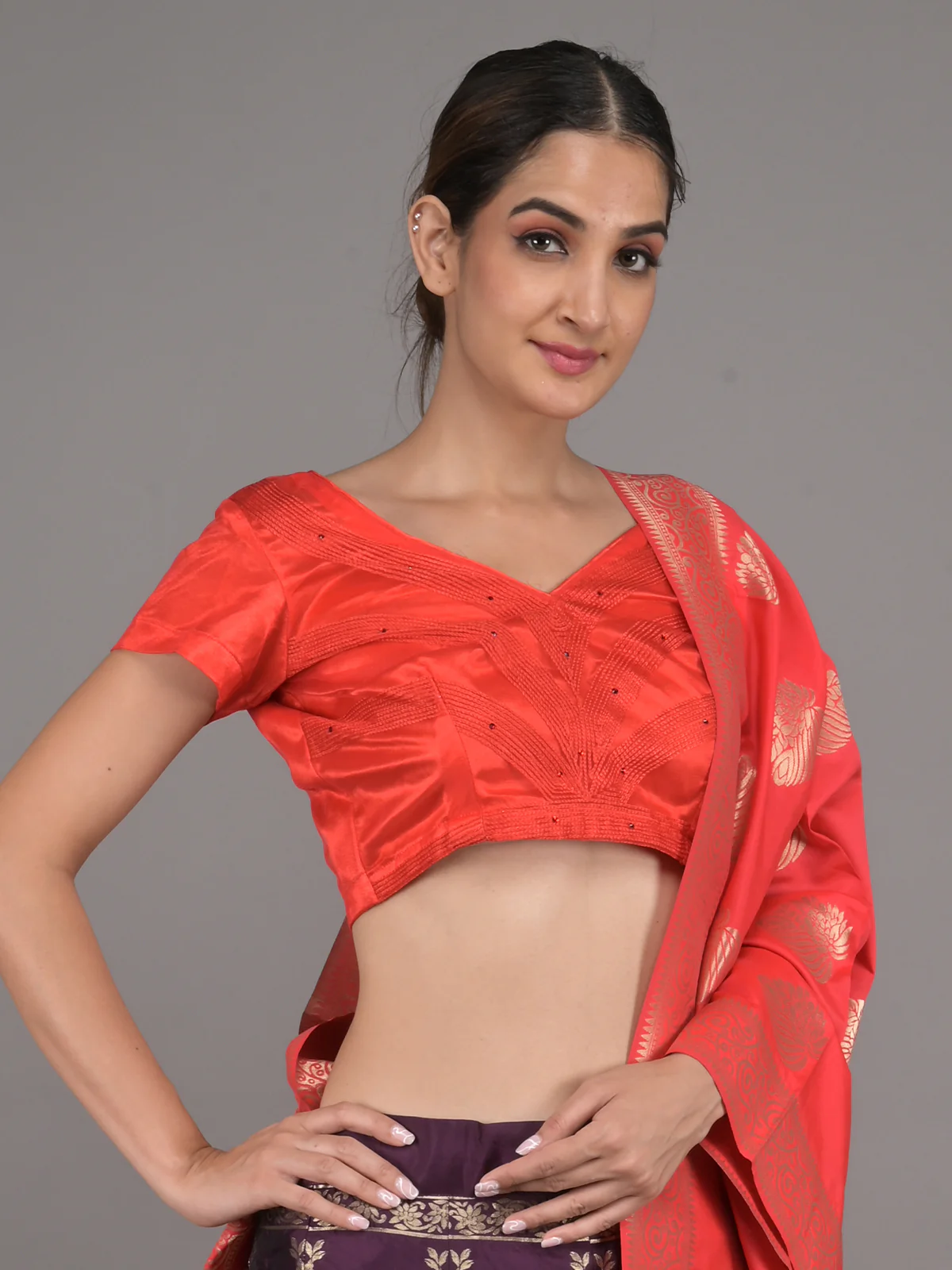 Odette Purple Woven Silk Blend Semi Stitched Lehenga With Red Unstitched Blouse For Women - Image 4