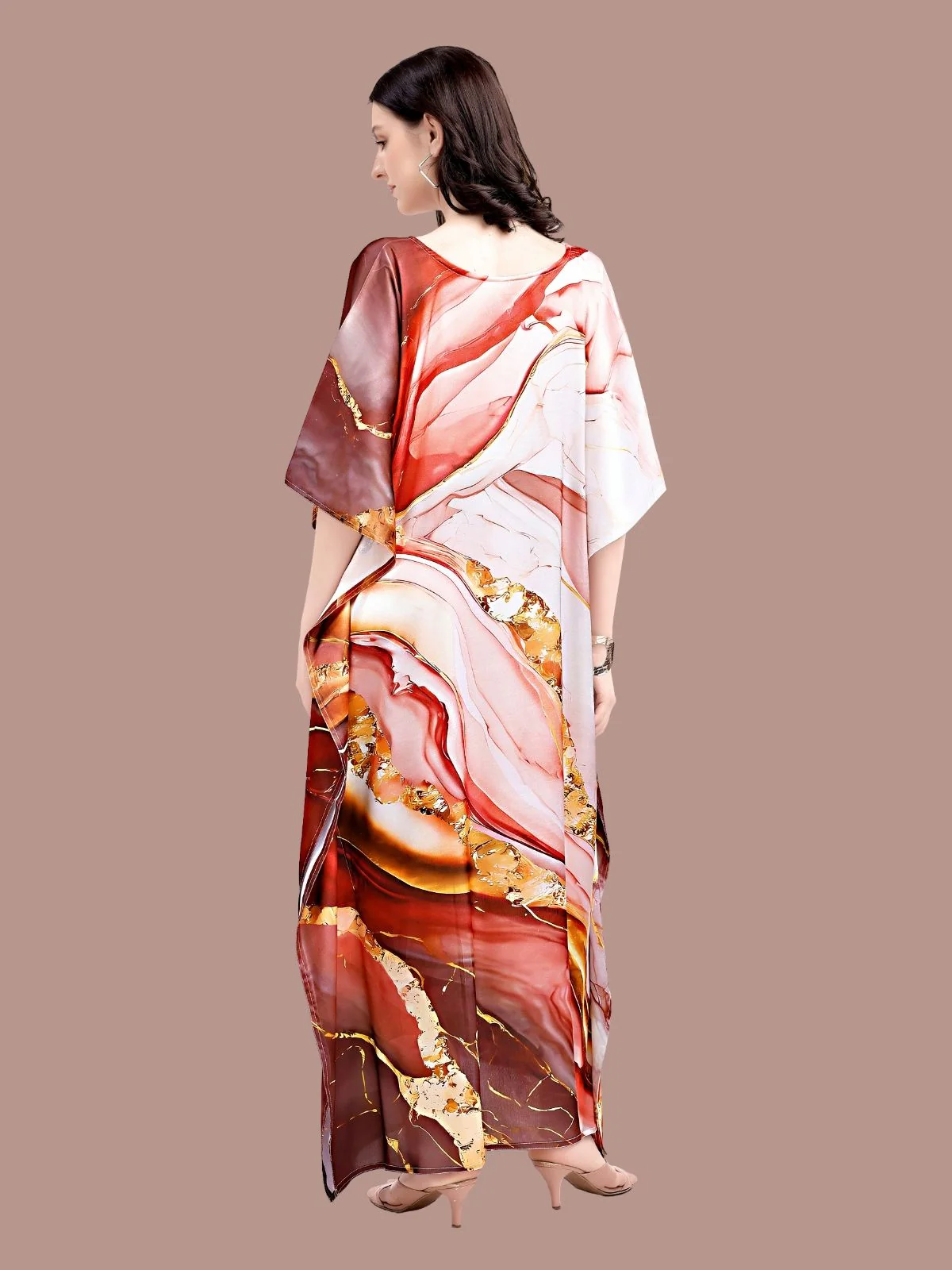 Odette Red And Brown Satin Printed Kaftan For Women - Image 3