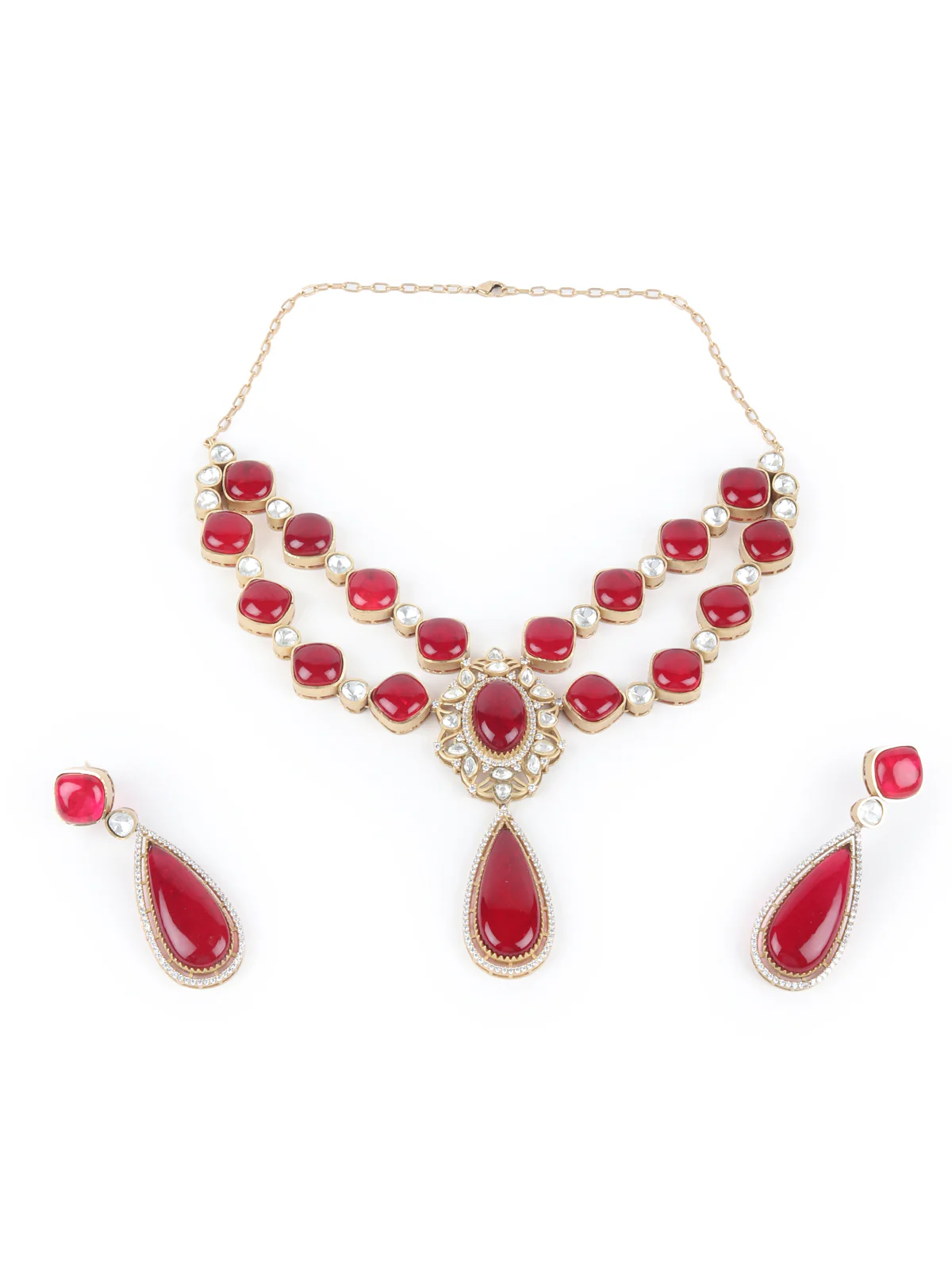 Odette Red And Gold Choker Neck Piece Set For Women - Image 4