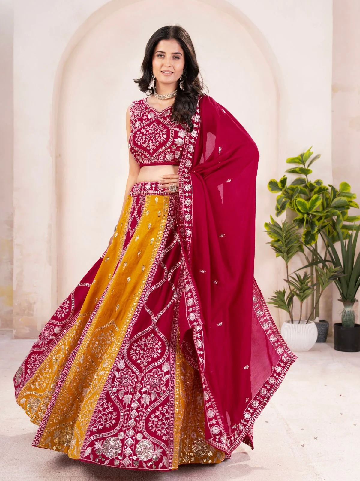 Odette Red And Mustard Silk Blend Embellished Semi Stitched Lehenga For Women - Image 2