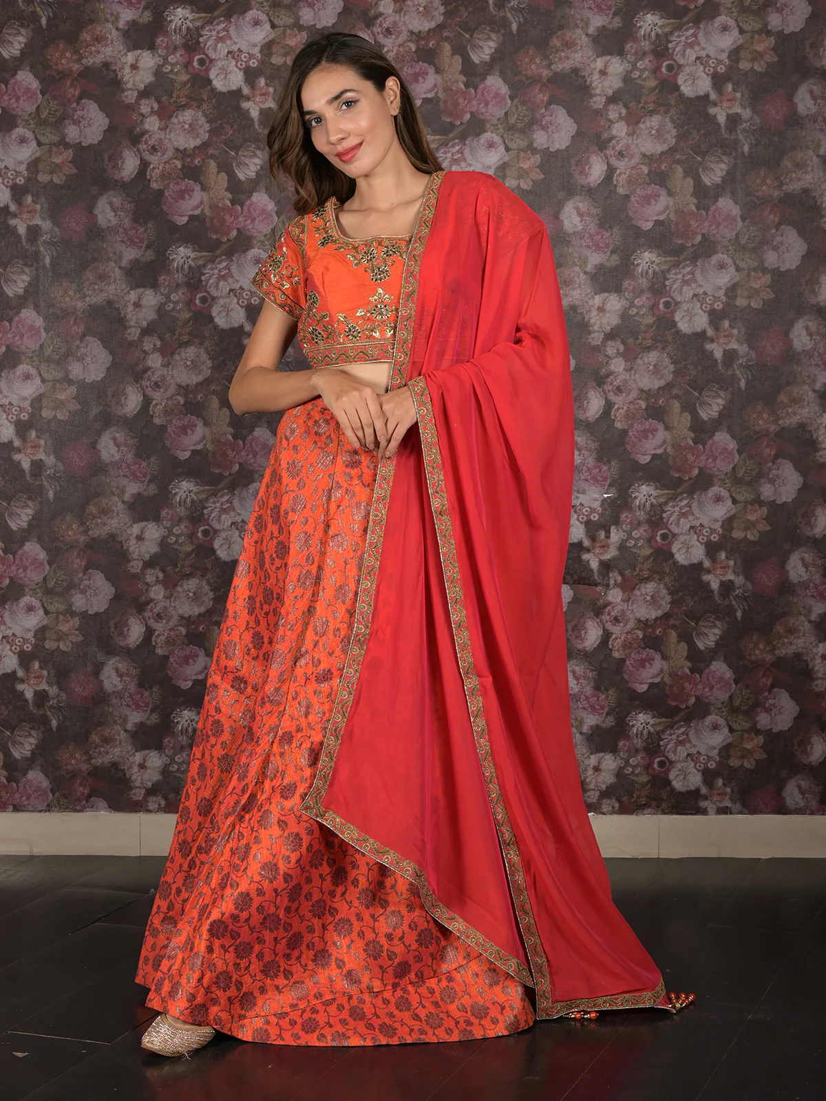 Odette Red And Orange Semi Stitched Embroidered Silk Blend Lehenga with Stitched Blouse And Dupatta For Women