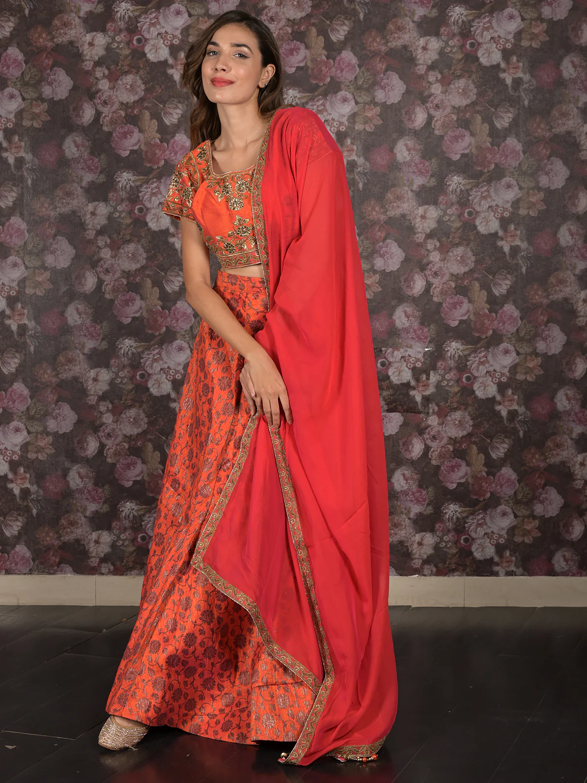 Odette Red And Orange Semi Stitched Embroidered Silk Blend Lehenga with Stitched Blouse And Dupatta For Women - Image 2