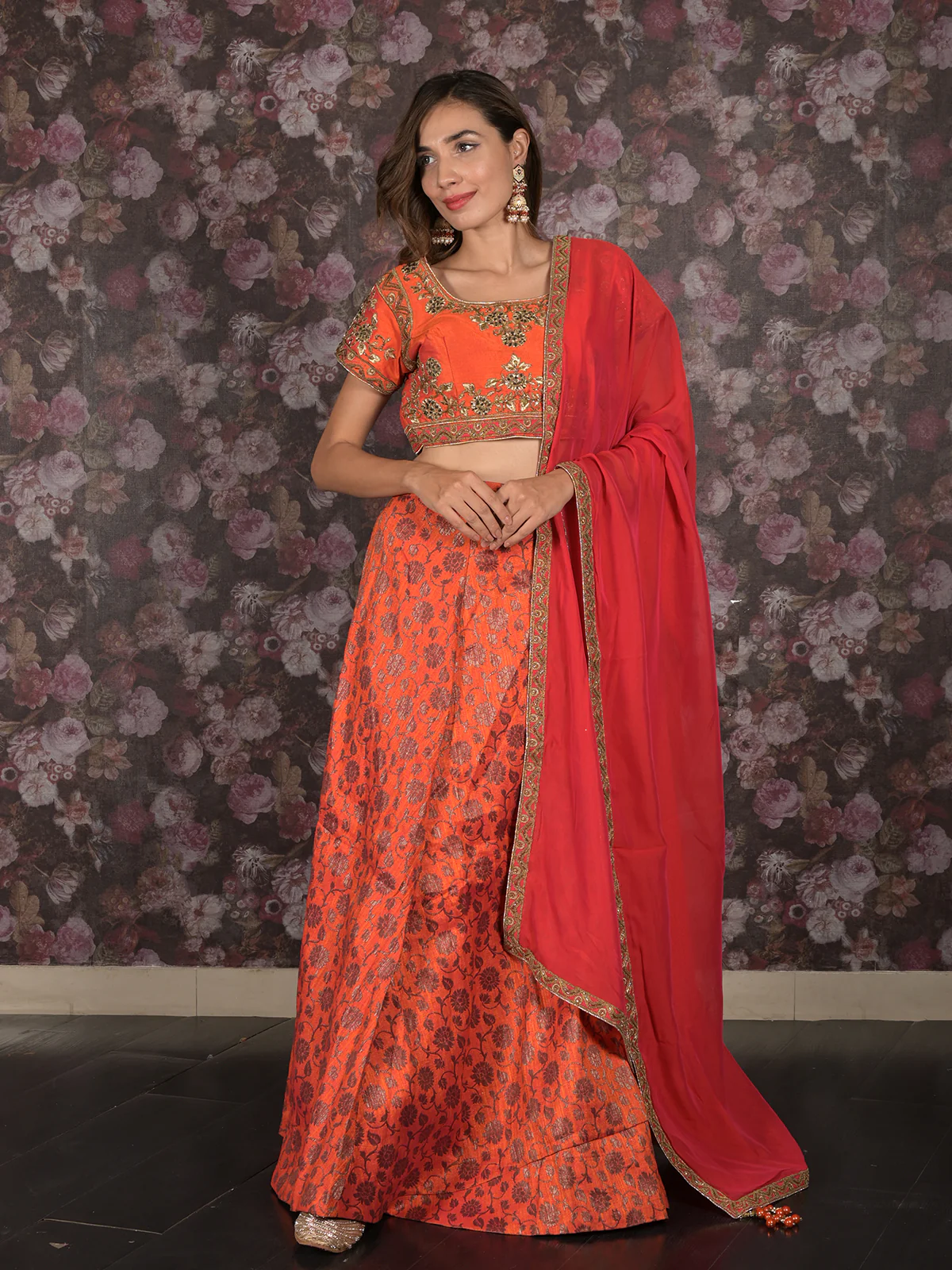 Odette Red And Orange Semi Stitched Embroidered Silk Blend Lehenga with Stitched Blouse And Dupatta For Women - Image 3
