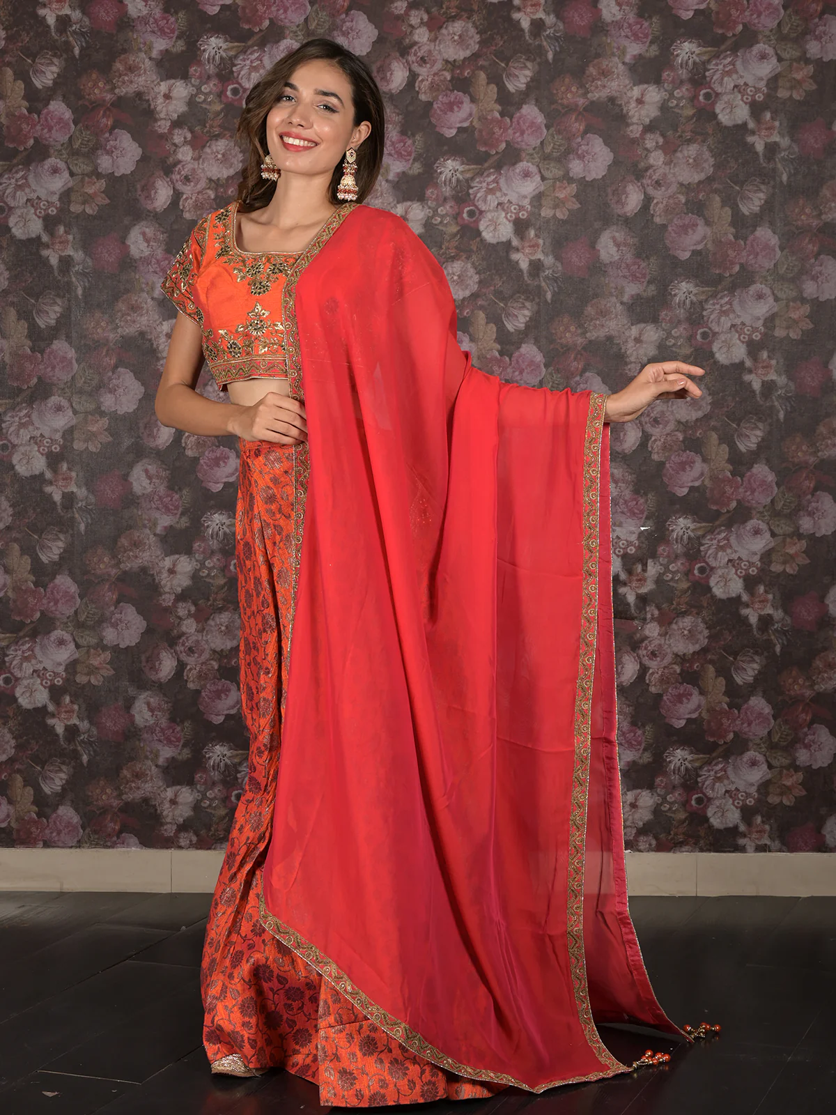Odette Red And Orange Semi Stitched Embroidered Silk Blend Lehenga with Stitched Blouse And Dupatta For Women - Image 4