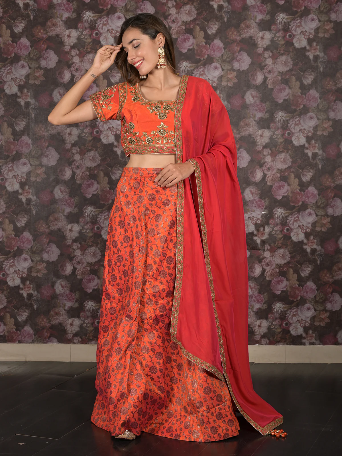 Odette Red And Orange Semi Stitched Embroidered Silk Blend Lehenga with Stitched Blouse And Dupatta For Women - Image 5