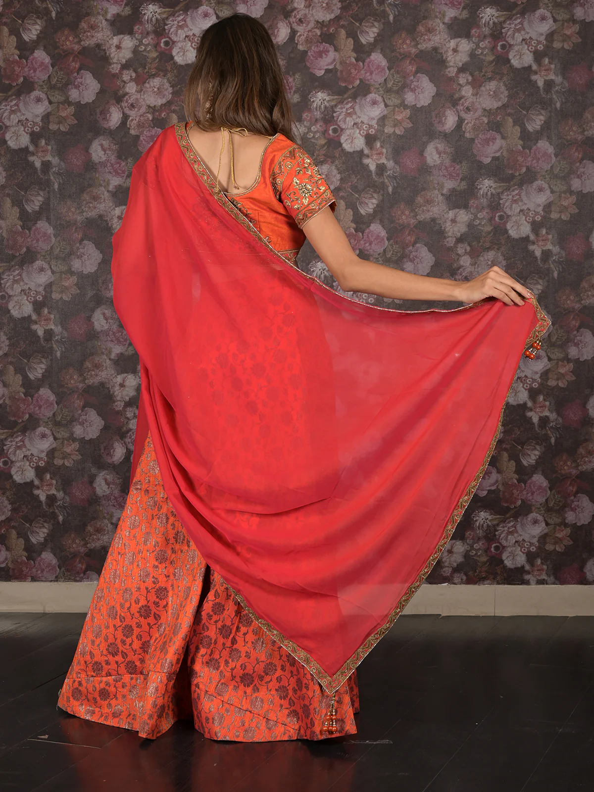 Odette Red And Orange Semi Stitched Embroidered Silk Blend Lehenga with Stitched Blouse And Dupatta For Women - Image 6