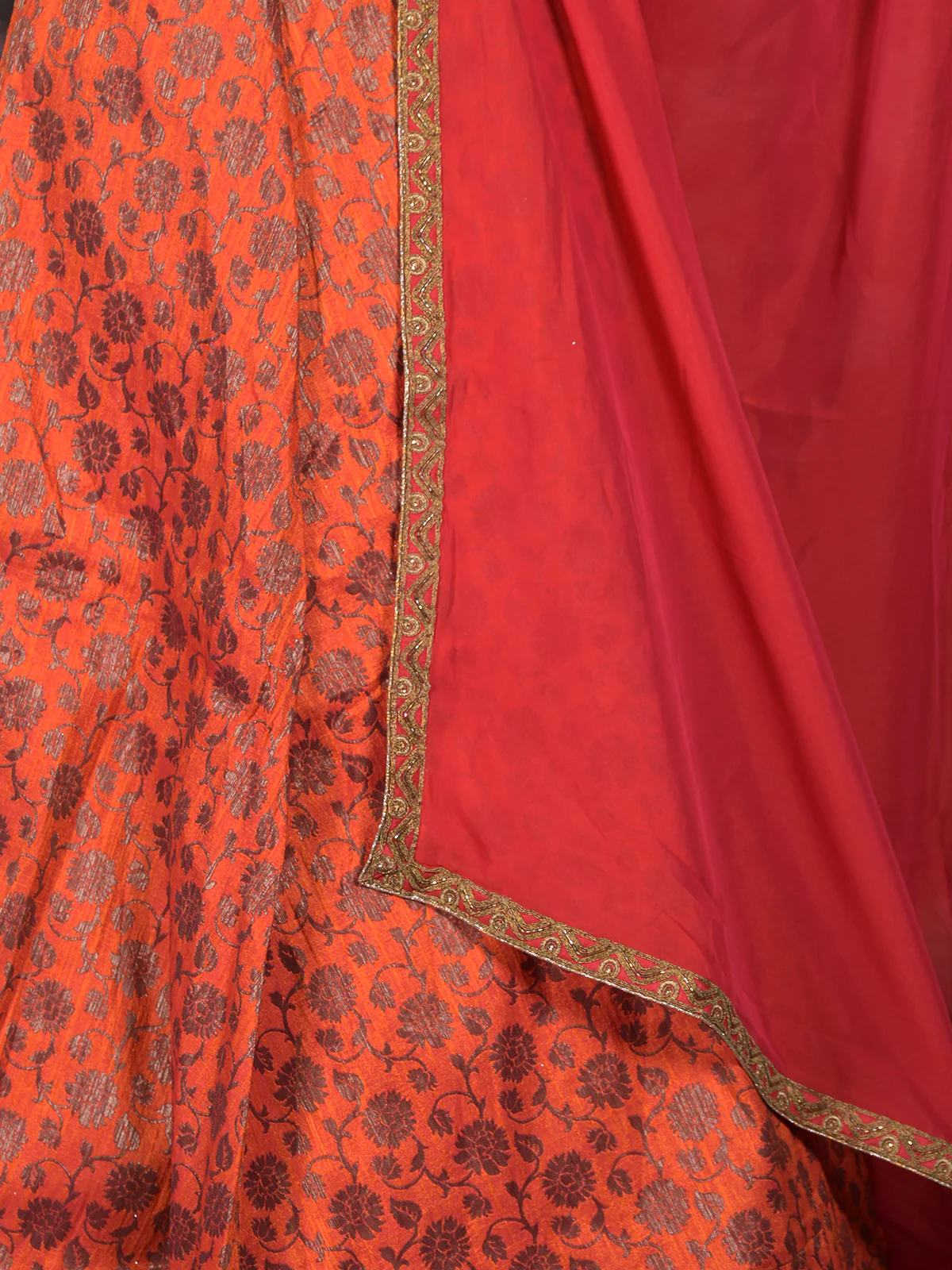 Odette Red And Orange Semi Stitched Embroidered Silk Blend Lehenga with Stitched Blouse And Dupatta For Women - Image 7