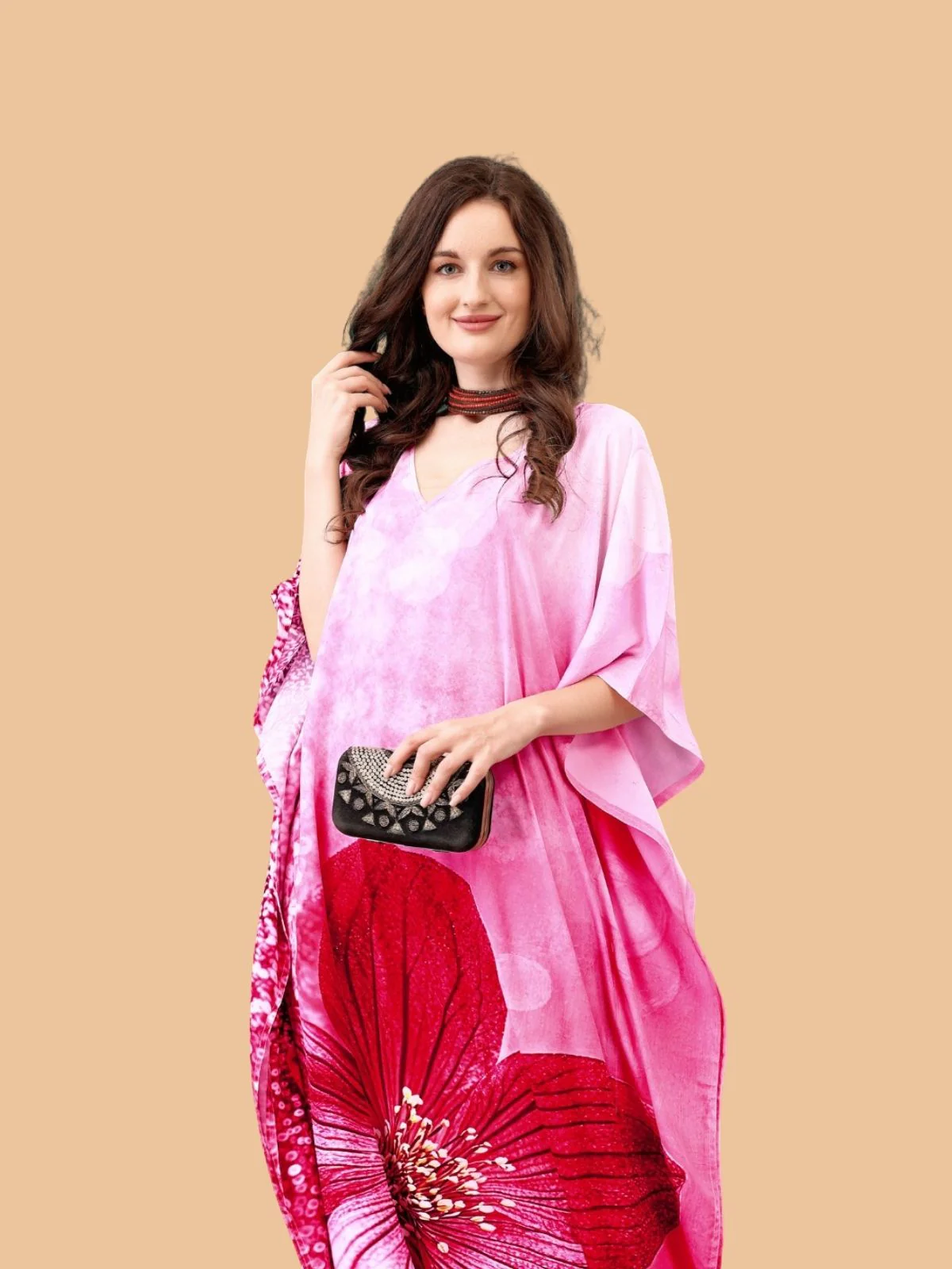 Odette Red And Pink Silk Blend Printed Kaftan For Women - Image 4