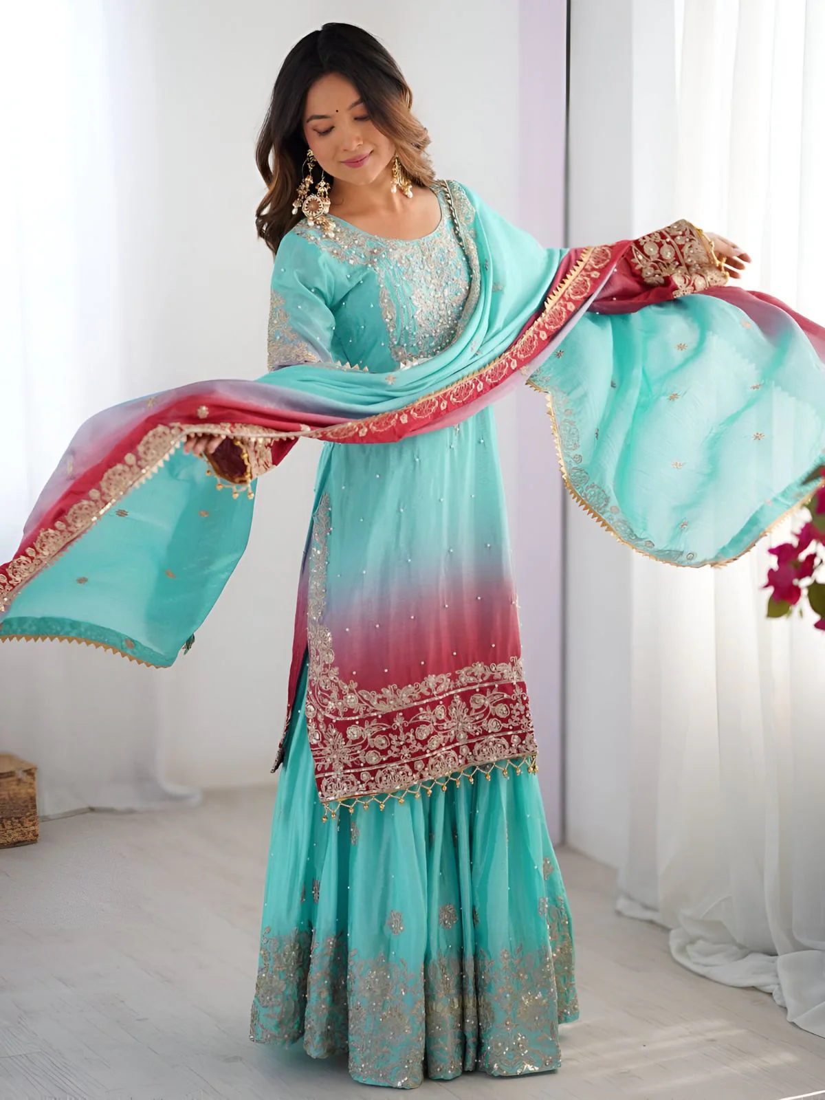 Odette Red And Turquoise Chinon Silk Embroidery & Sequins Kurta Set For Women - Image 2