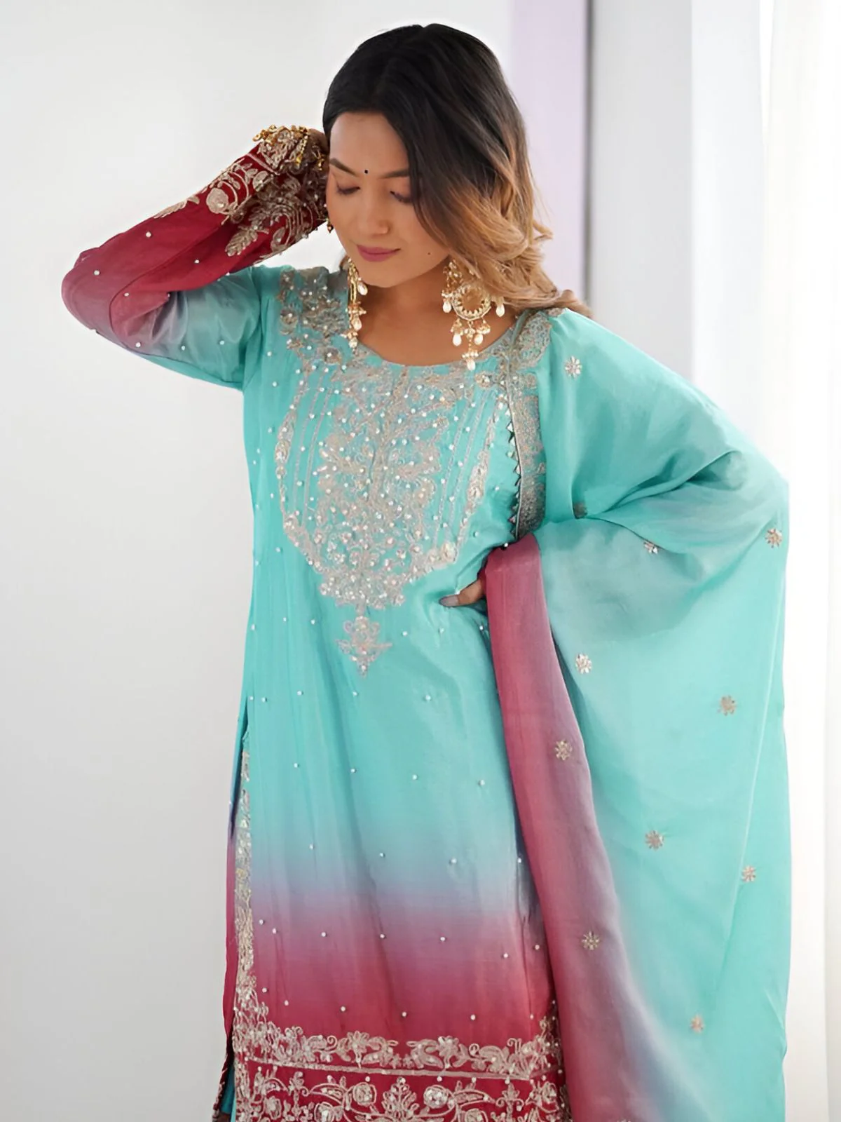 Odette Red And Turquoise Chinon Silk Embroidery & Sequins Kurta Set For Women - Image 3
