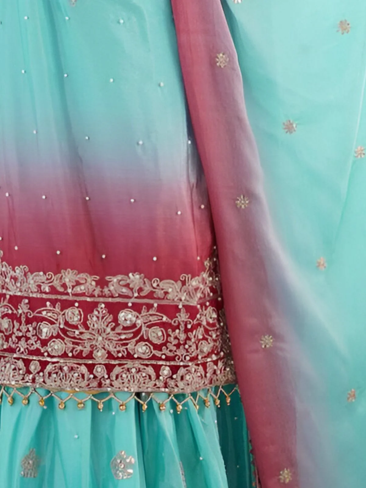 Odette Red And Turquoise Chinon Silk Embroidery & Sequins Kurta Set For Women - Image 4