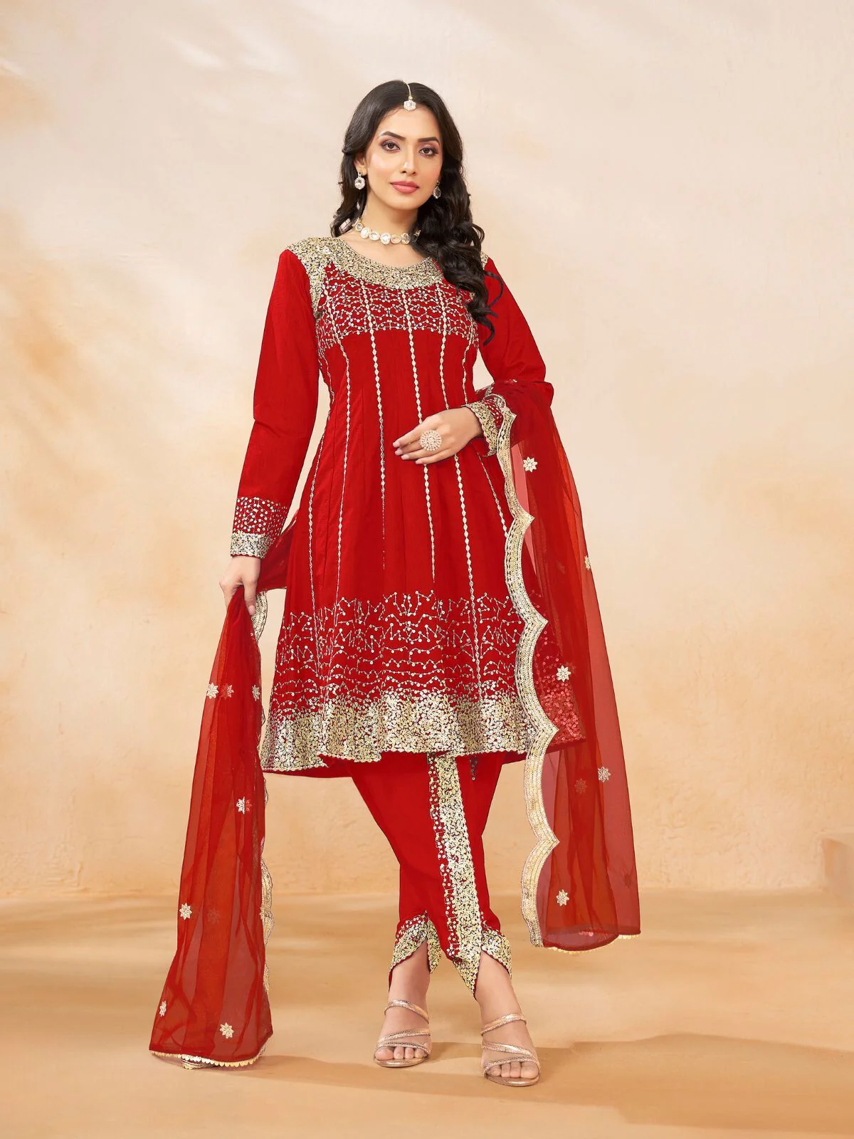 Odette Red Art Silk Embellished Semi Stitched Kurta Set For Women - Image 2