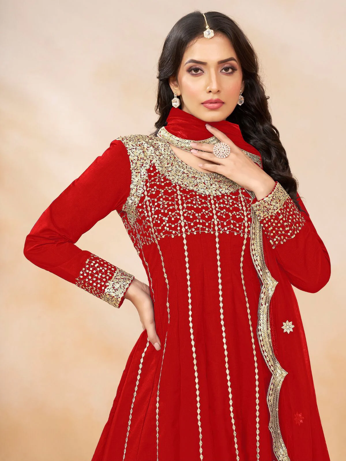 Odette Red Art Silk Embellished Semi Stitched Kurta Set For Women - Image 4