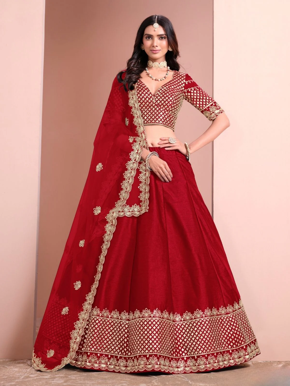 Odette Red Art Silk Embellished Semi-Stitched lehenga For Women