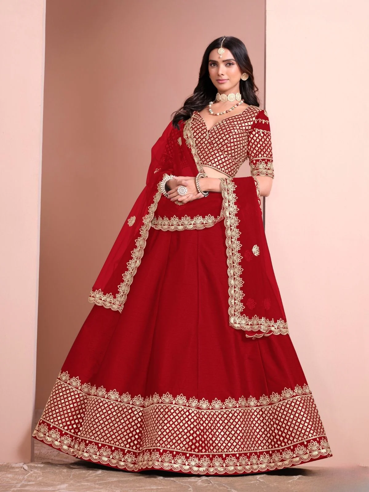 Odette Red Art Silk Embellished Semi-Stitched lehenga For Women - Image 3