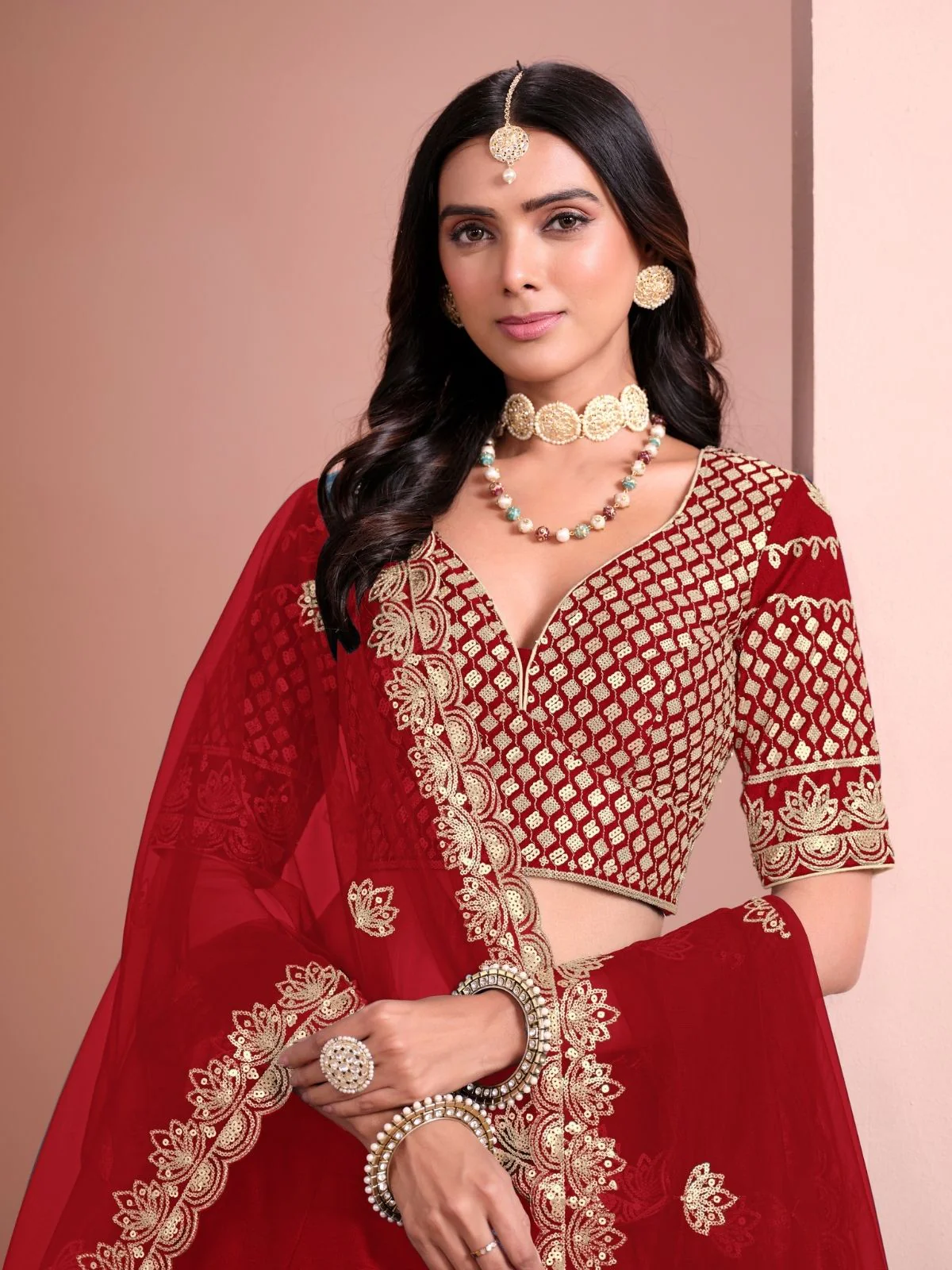 Odette Red Art Silk Embellished Semi-Stitched lehenga For Women - Image 4