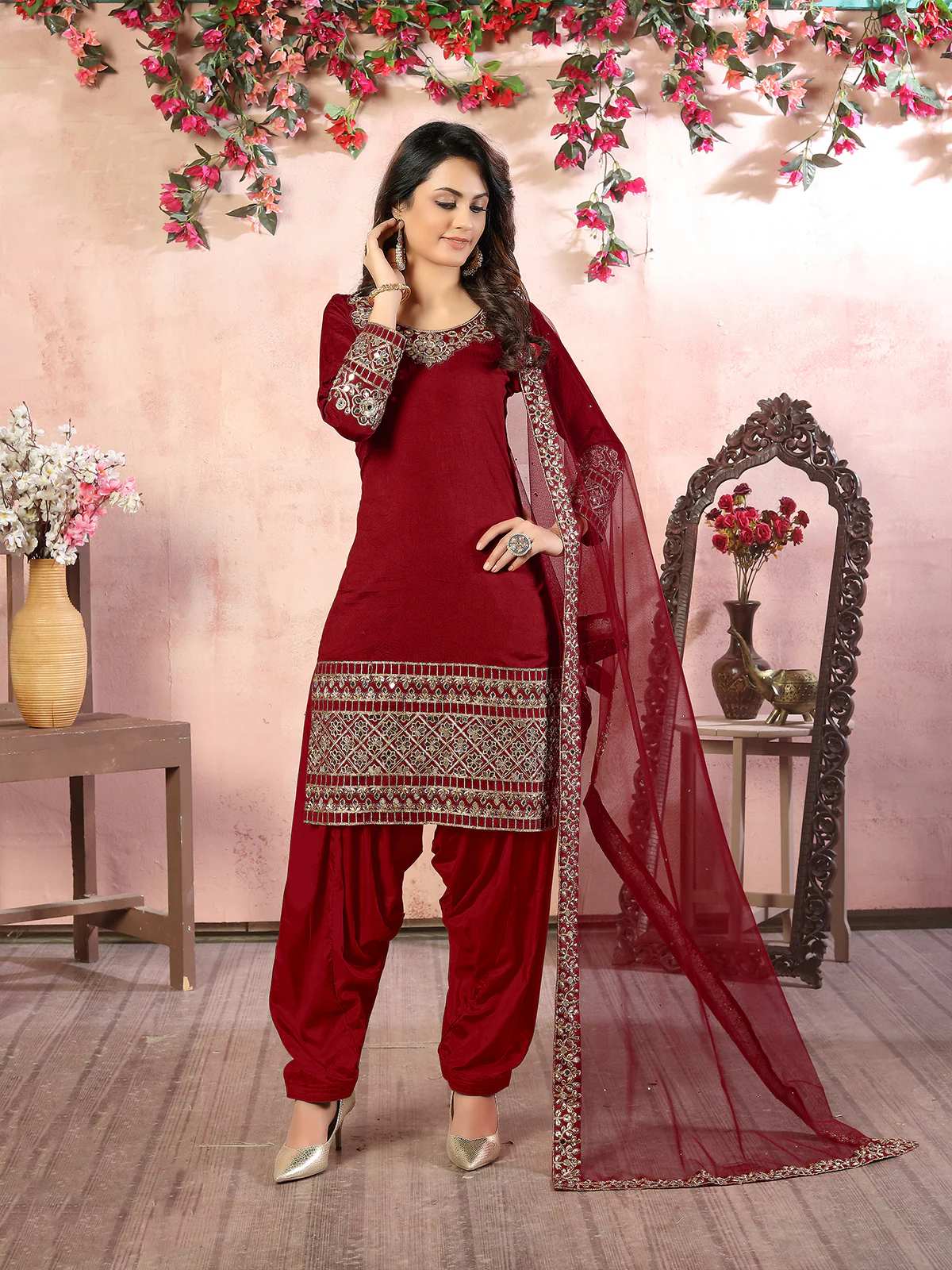 Odette Red Art Silk Embroidered Semi stitched Kurta Set For Women - Image 2