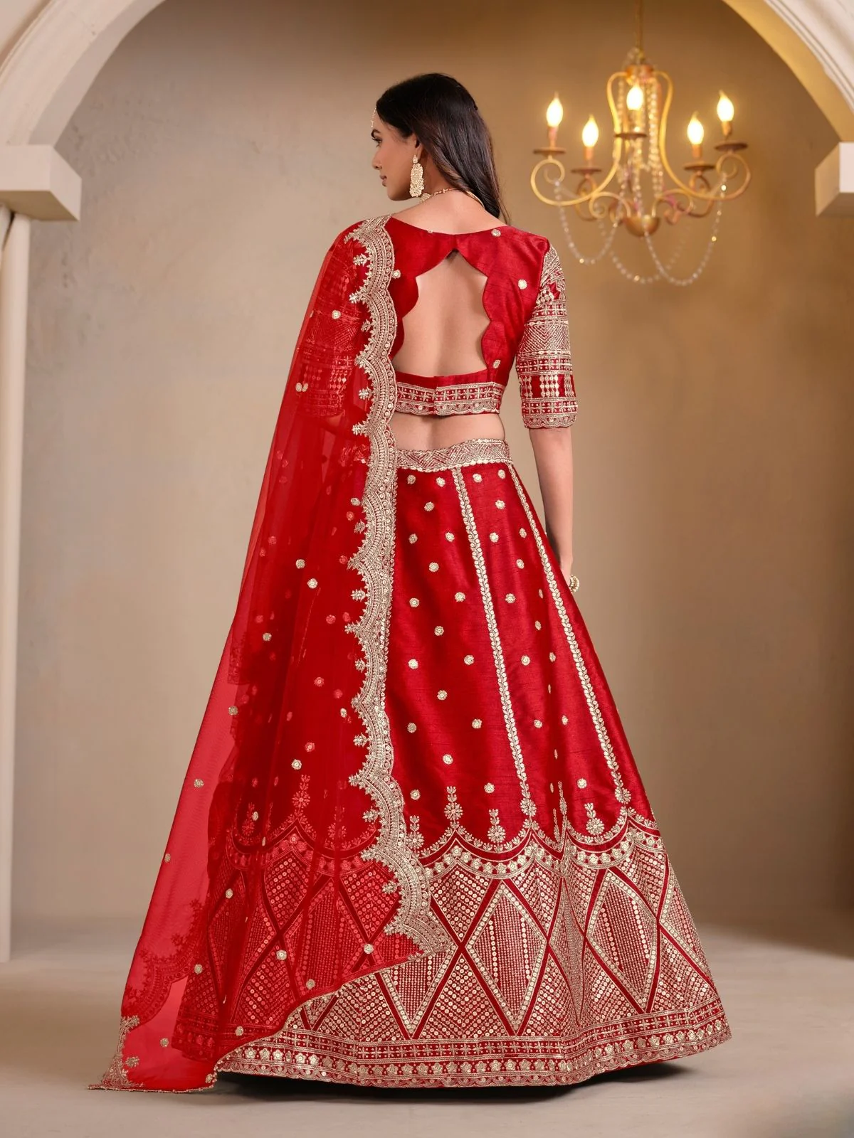 Odette Red Art Silk Embroidered Semi-Stitched lehenga For Women - Image 4