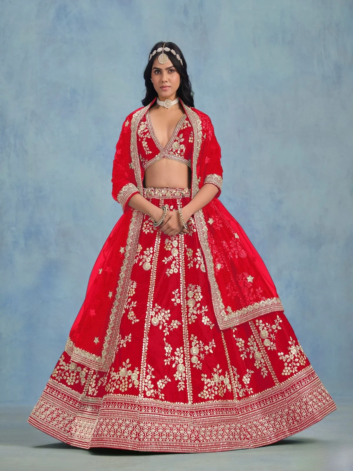 Odette Red Art Silk Embroidered Semi-Stitched lehenga For Women - Image 2