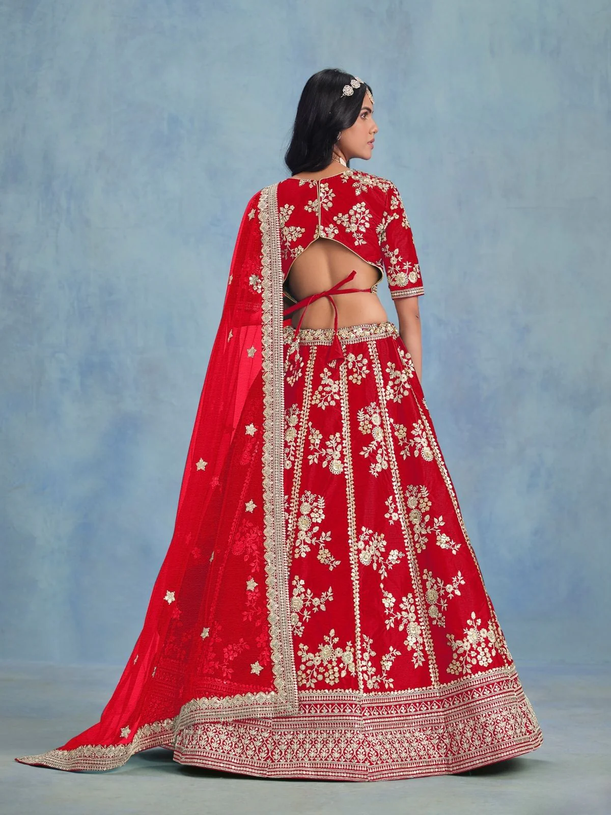 Odette Red Art Silk Embroidered Semi-Stitched lehenga For Women - Image 3