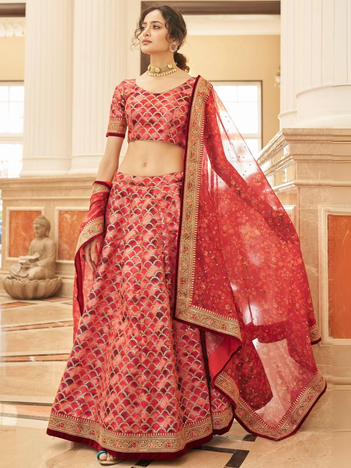 Odette Red Art Silk Embroidered Semi Stitched Lehenga With Blouse For Women - Image 2