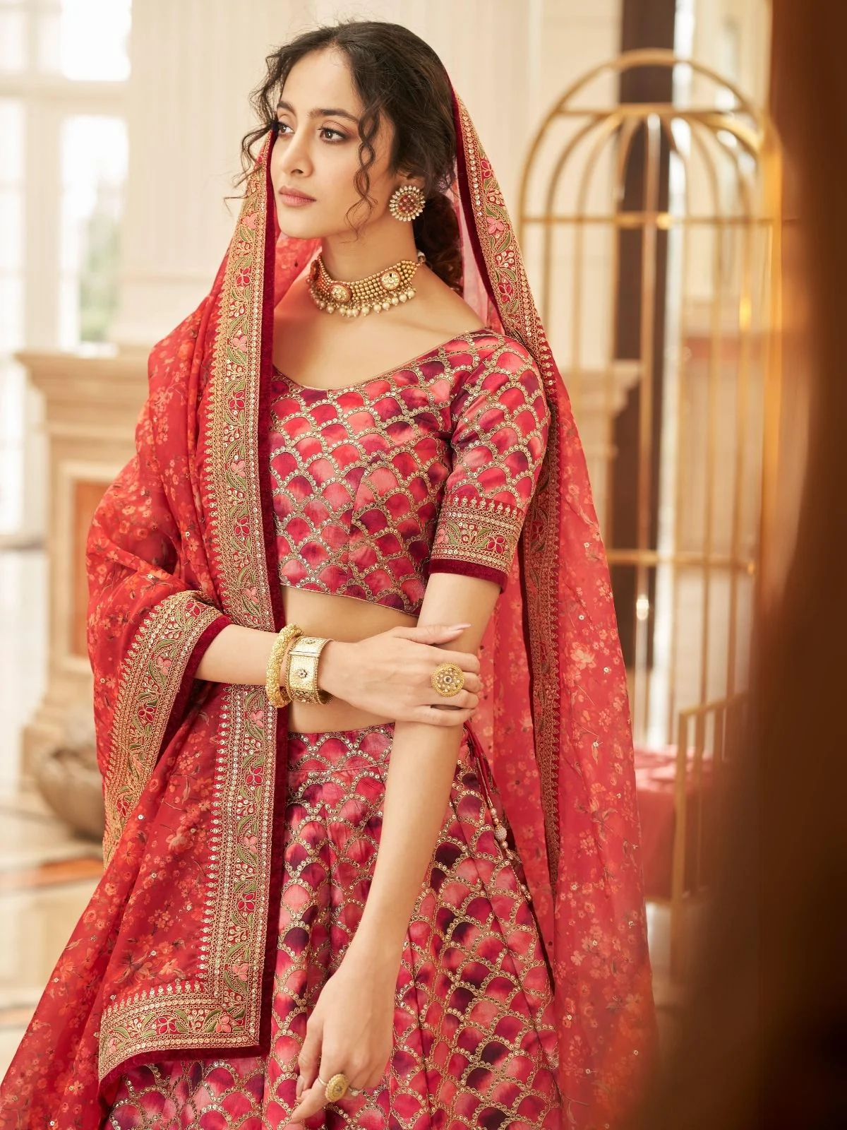 Odette Red Art Silk Embroidered Semi Stitched Lehenga With Blouse For Women - Image 4