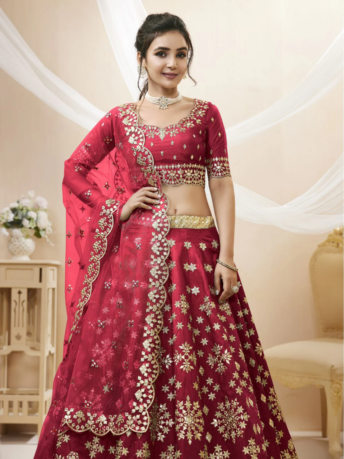 Odette Red Art Silk Embroidered Semi Stitched Lehenga With Unstitched Blouse For Women - Image 4