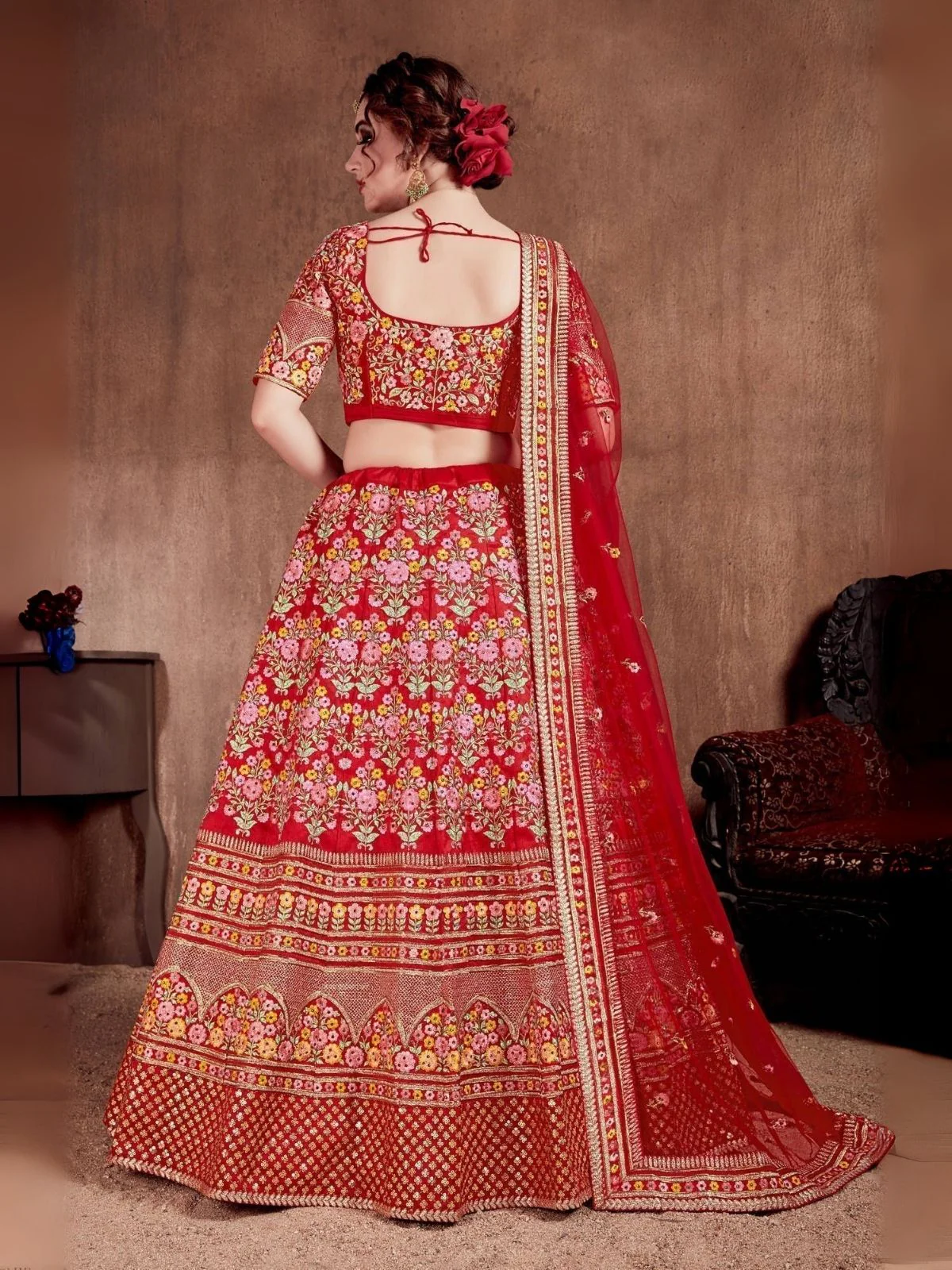 Odette Red Art Silk Embroidered Semi-Stitched lehenga For Women - Image 3