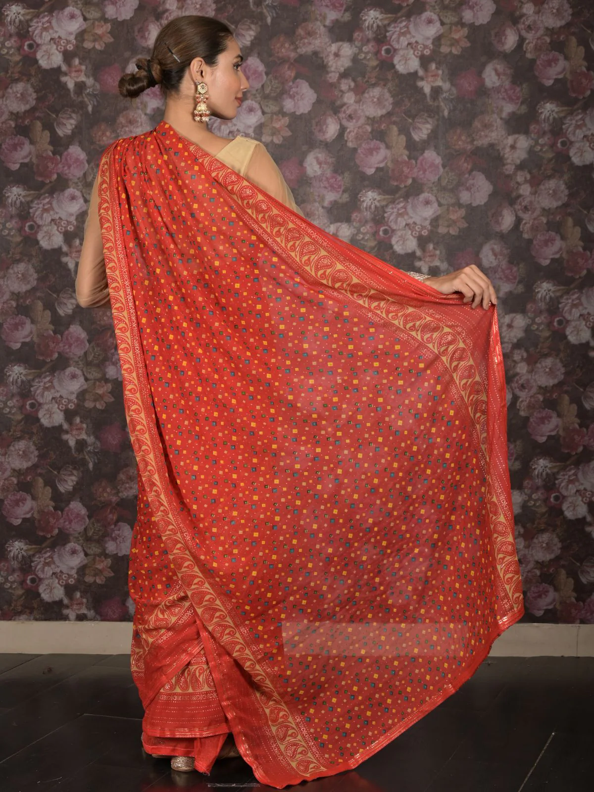 Odette Red Bandhani Print Georgette Saree with Unstitched Blouse for Women - Image 4