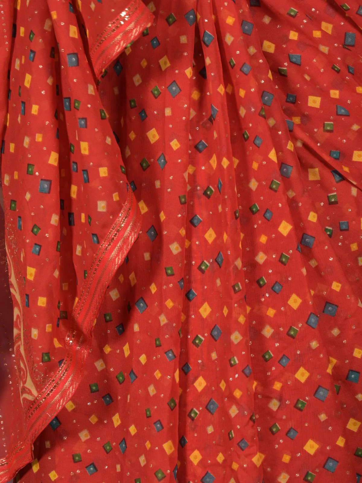 Odette Red Bandhani Print Georgette Saree with Unstitched Blouse for Women - Image 5