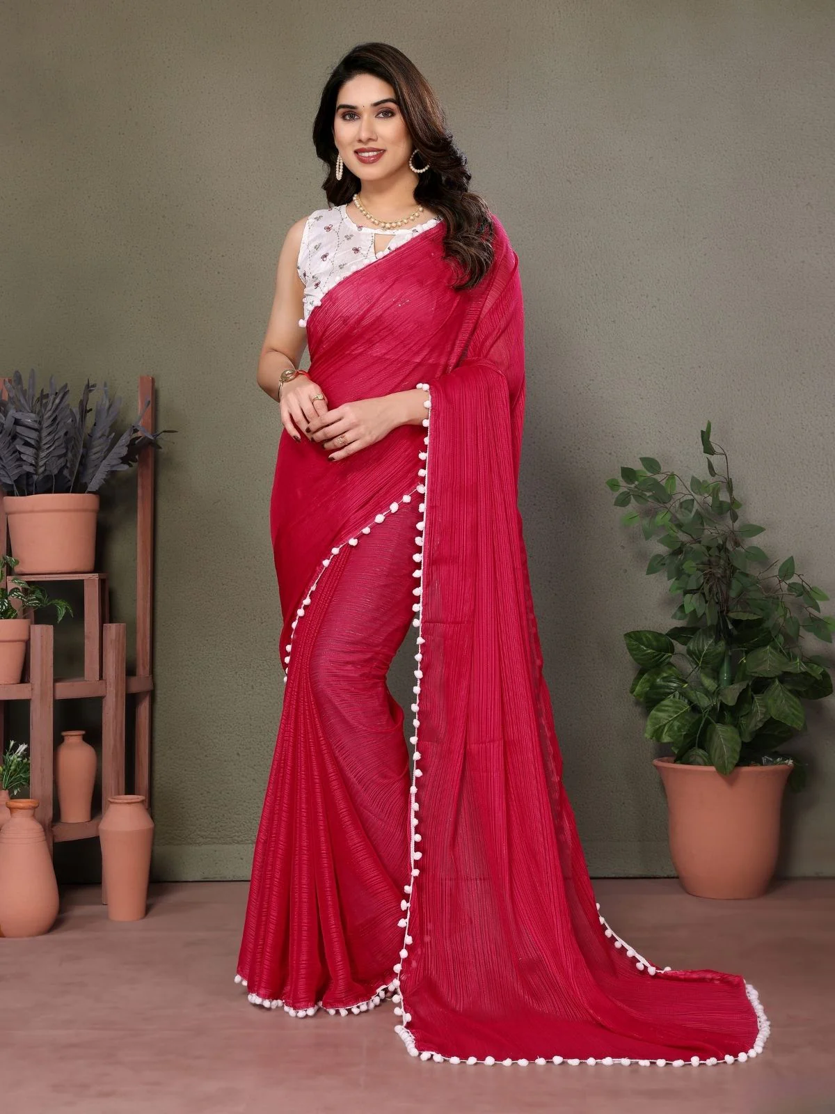 Odette Red Banglori Lace Work Saree With Unstitched Blouse For Women