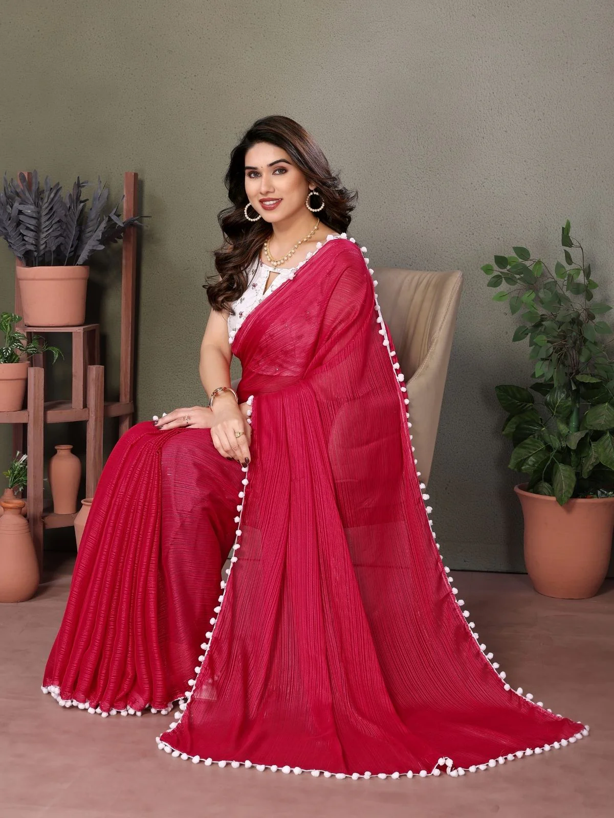 Odette Red Banglori Lace Work Saree With Unstitched Blouse For Women - Image 2