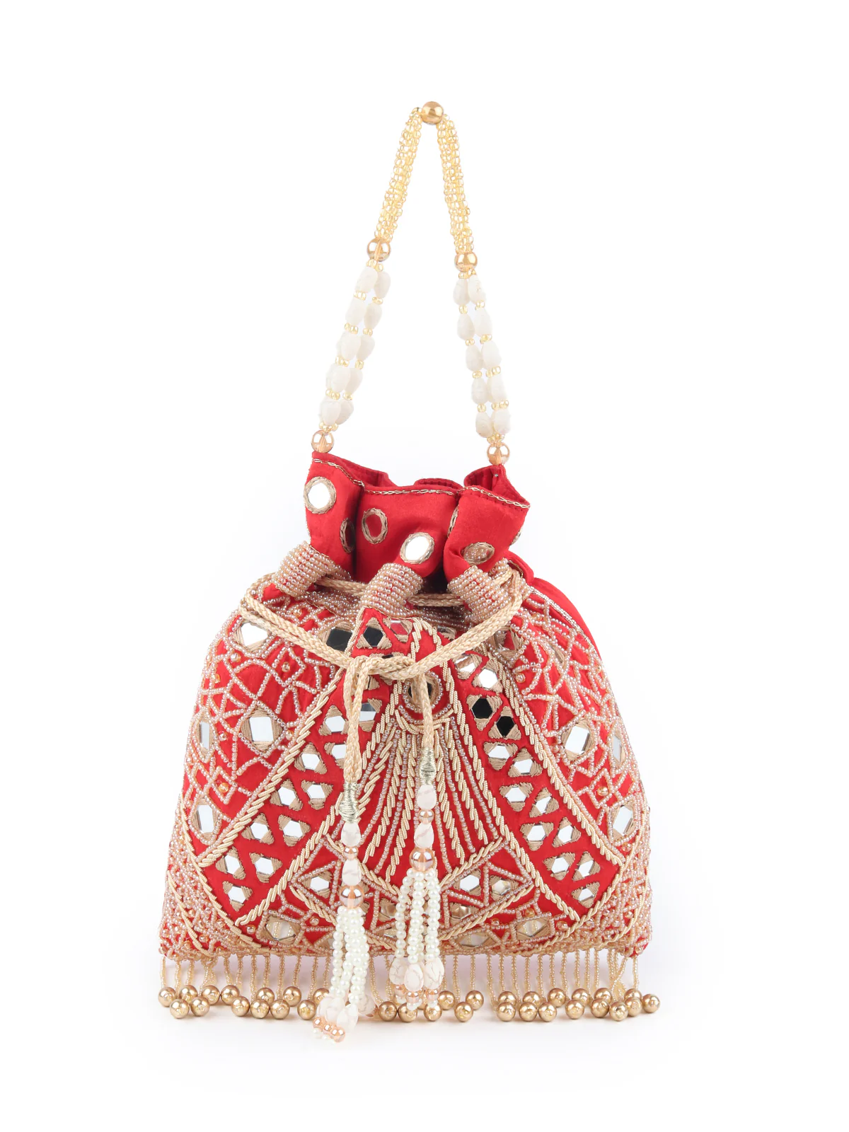 Odette Red Beads and Mirror Embroidered Potli Bag for Women - Image 3