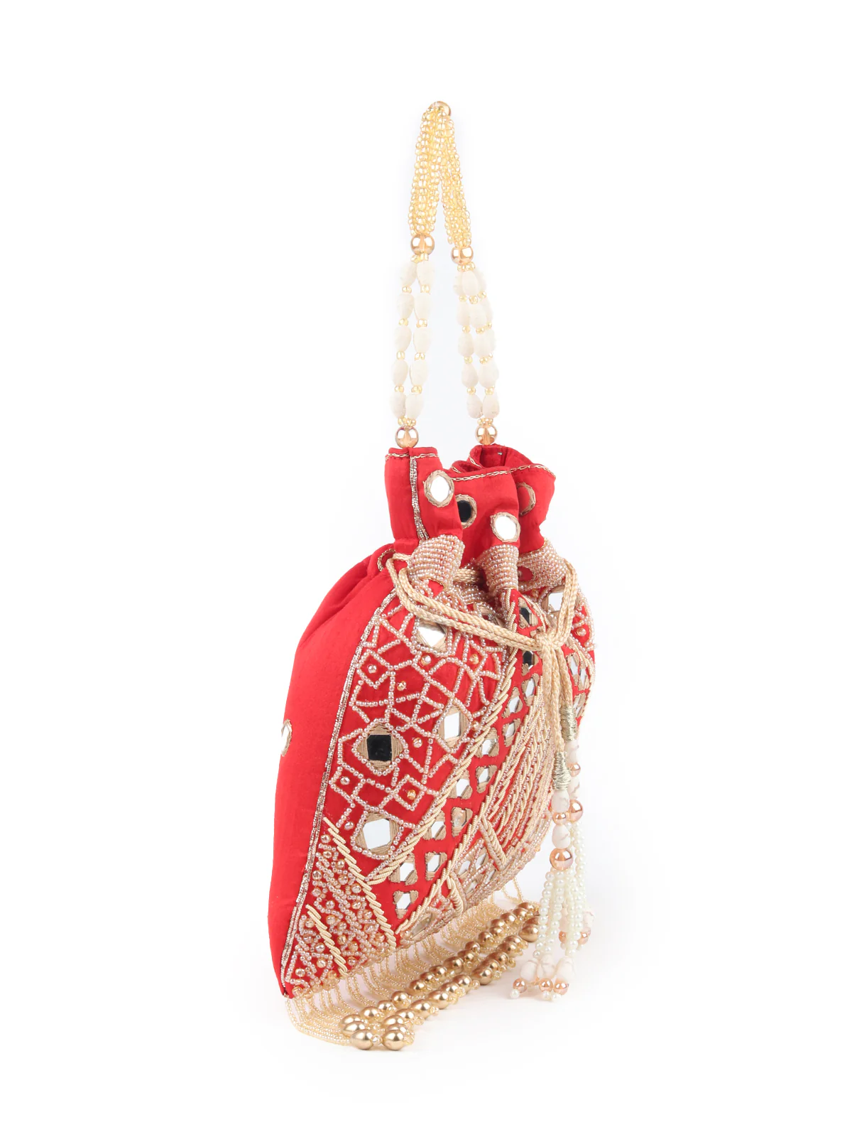 Odette Red Beads and Mirror Embroidered Potli Bag for Women - Image 4