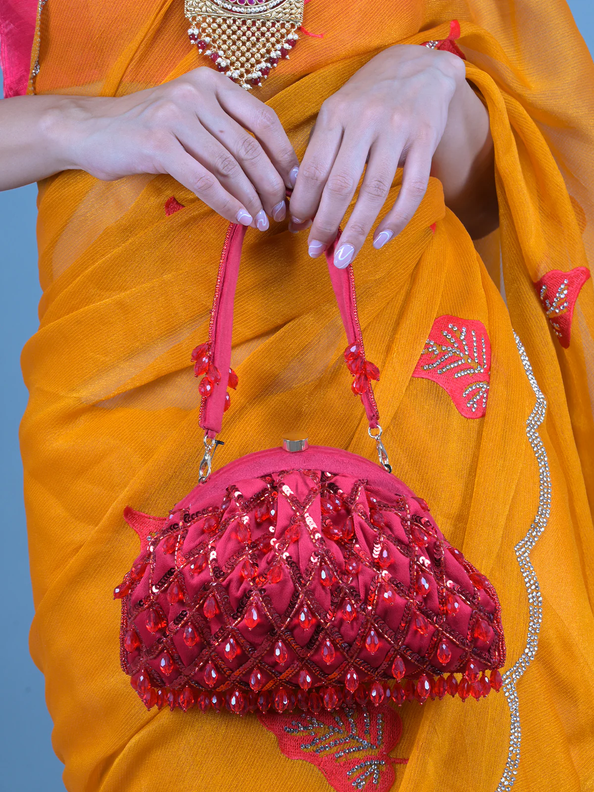 Odette Red Beads and Sequins Embroidered Batua for Women - Image 2