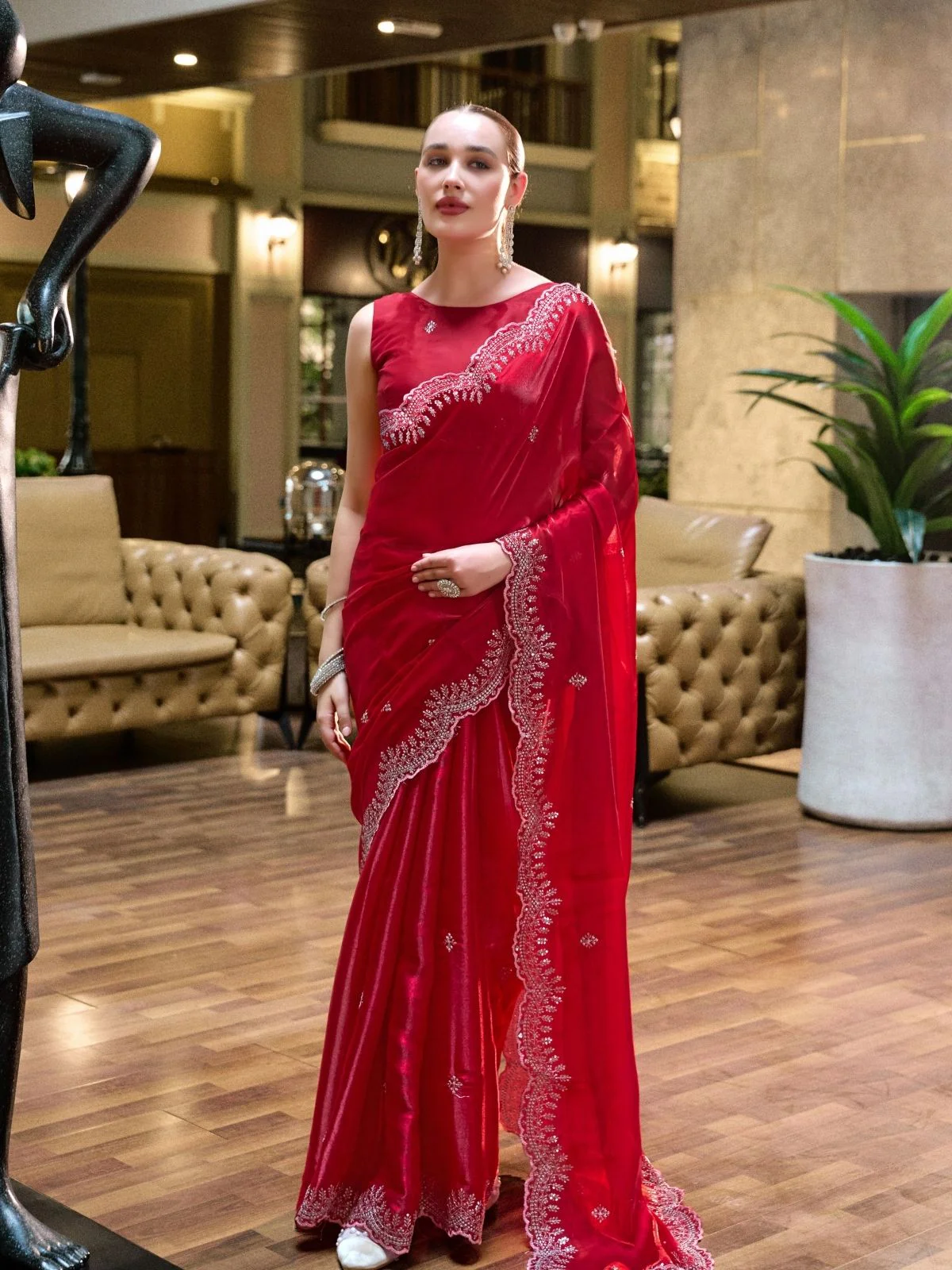 Odette Red Chiffon Embellished Saree For Women