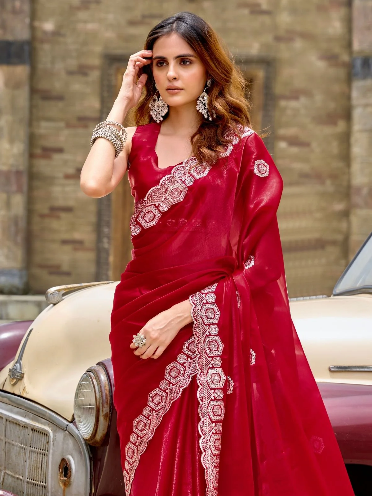 Odette Red Chiffon Embellished Saree For Women - Image 5