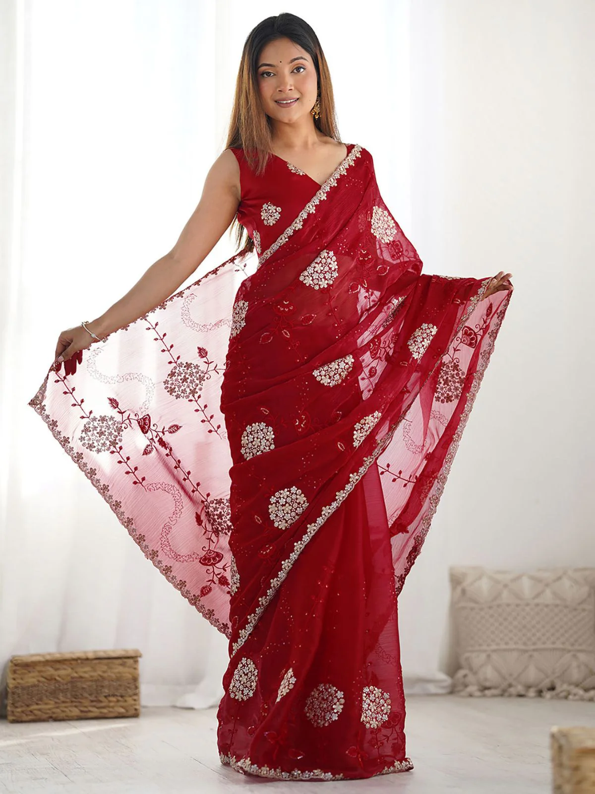 Odette Red Chiffon Embroidered Elegant Saree For Women