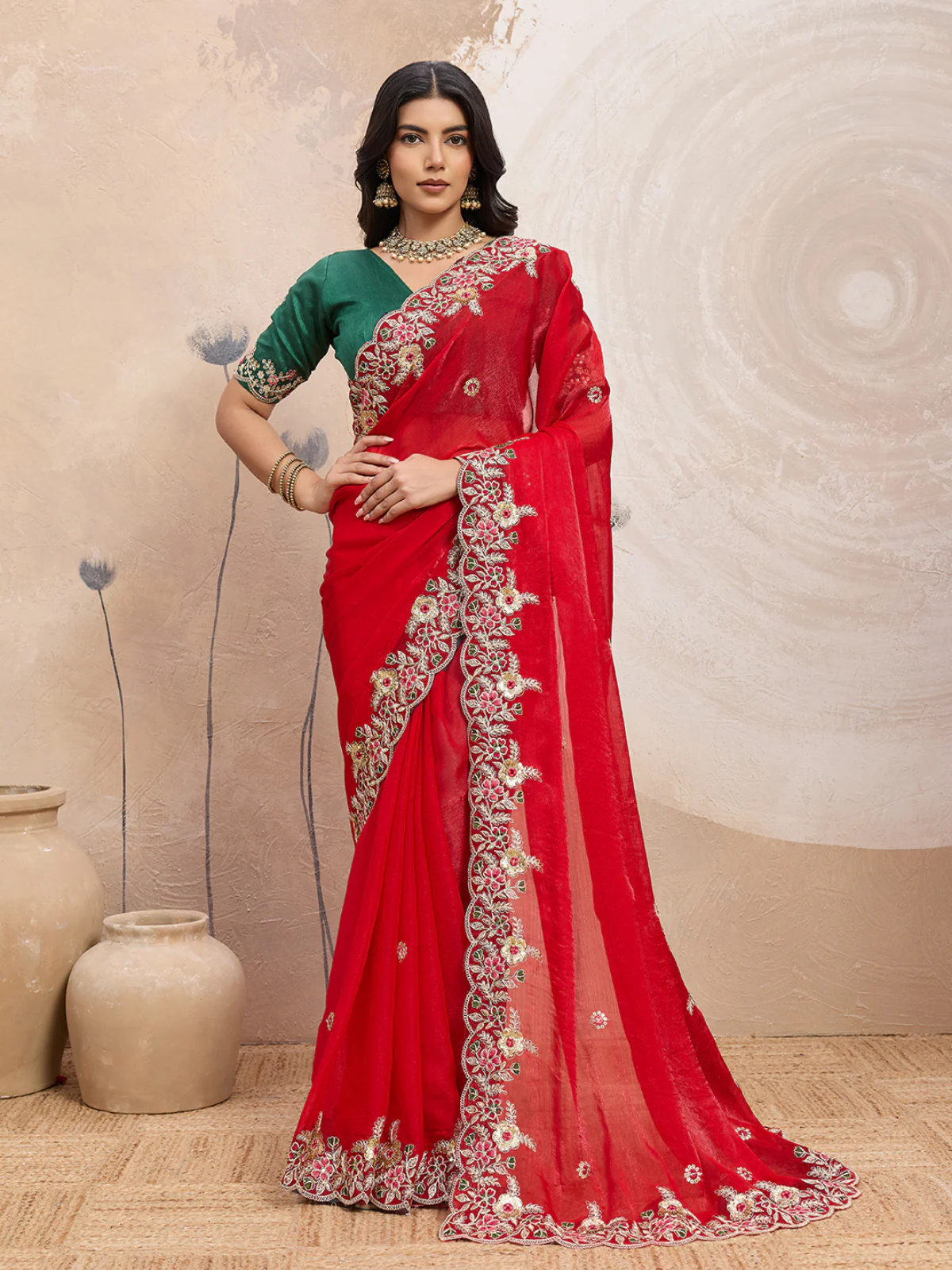 Odette Red Chiffon Embroidered Saree For Women