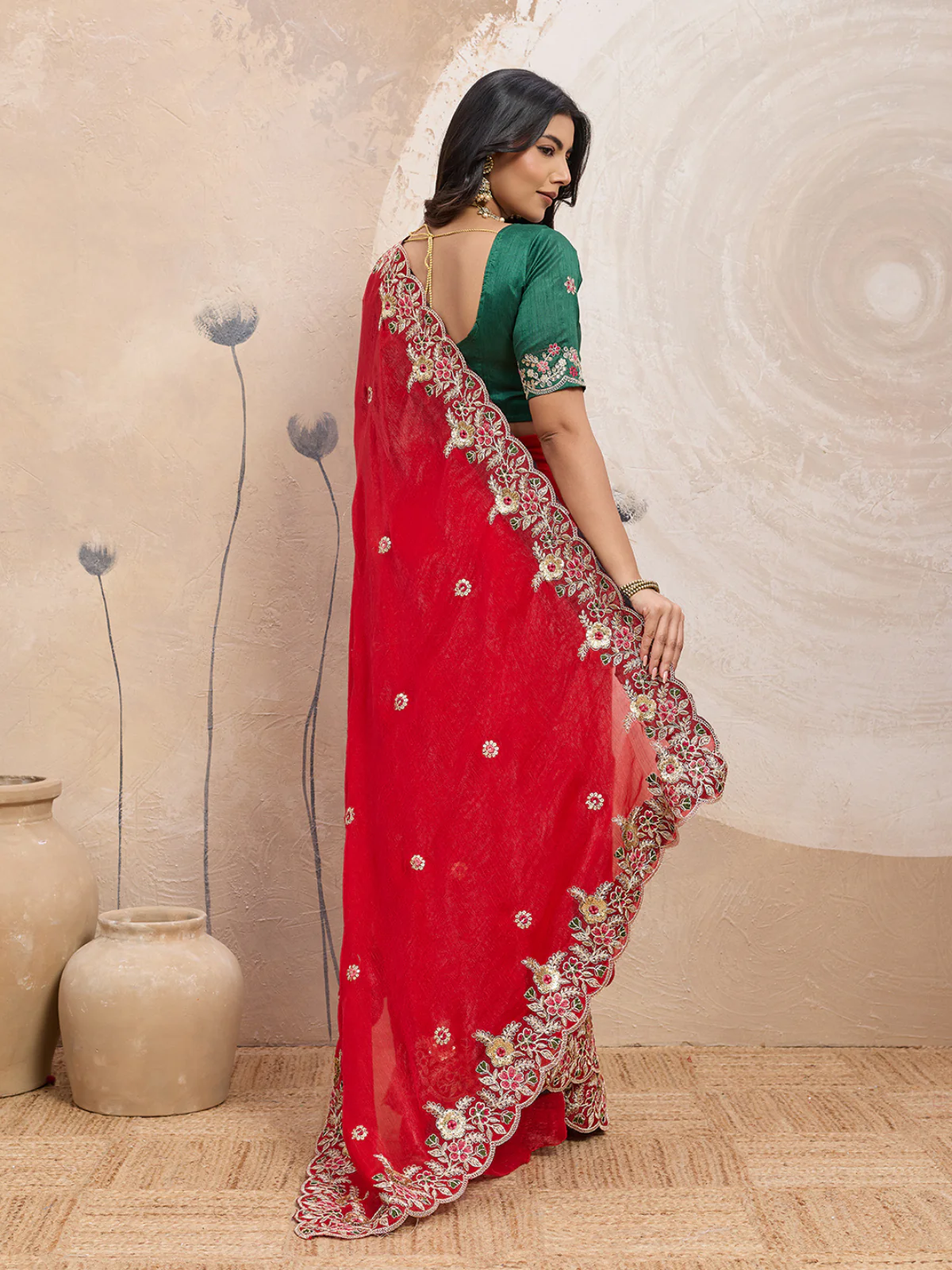 Odette Red Chiffon Embroidered Saree For Women - Image 3