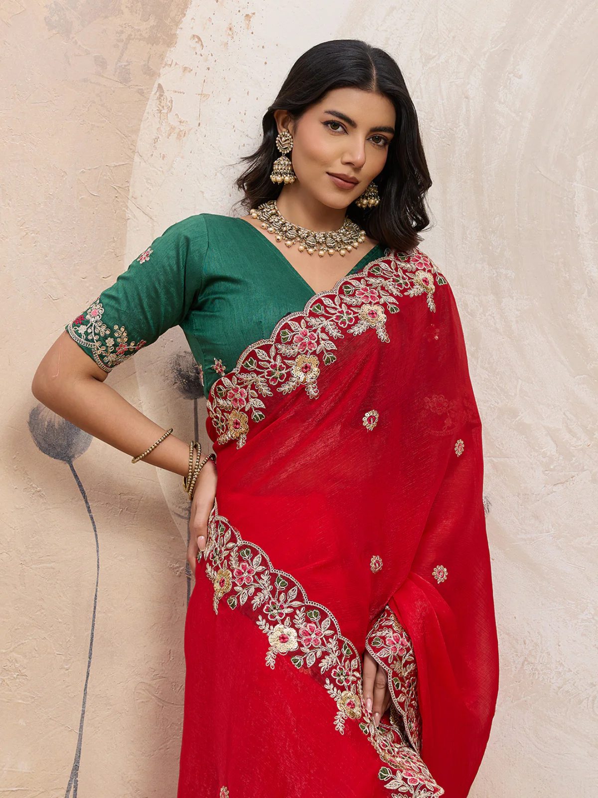 Odette Red Chiffon Embroidered Saree For Women - Image 4