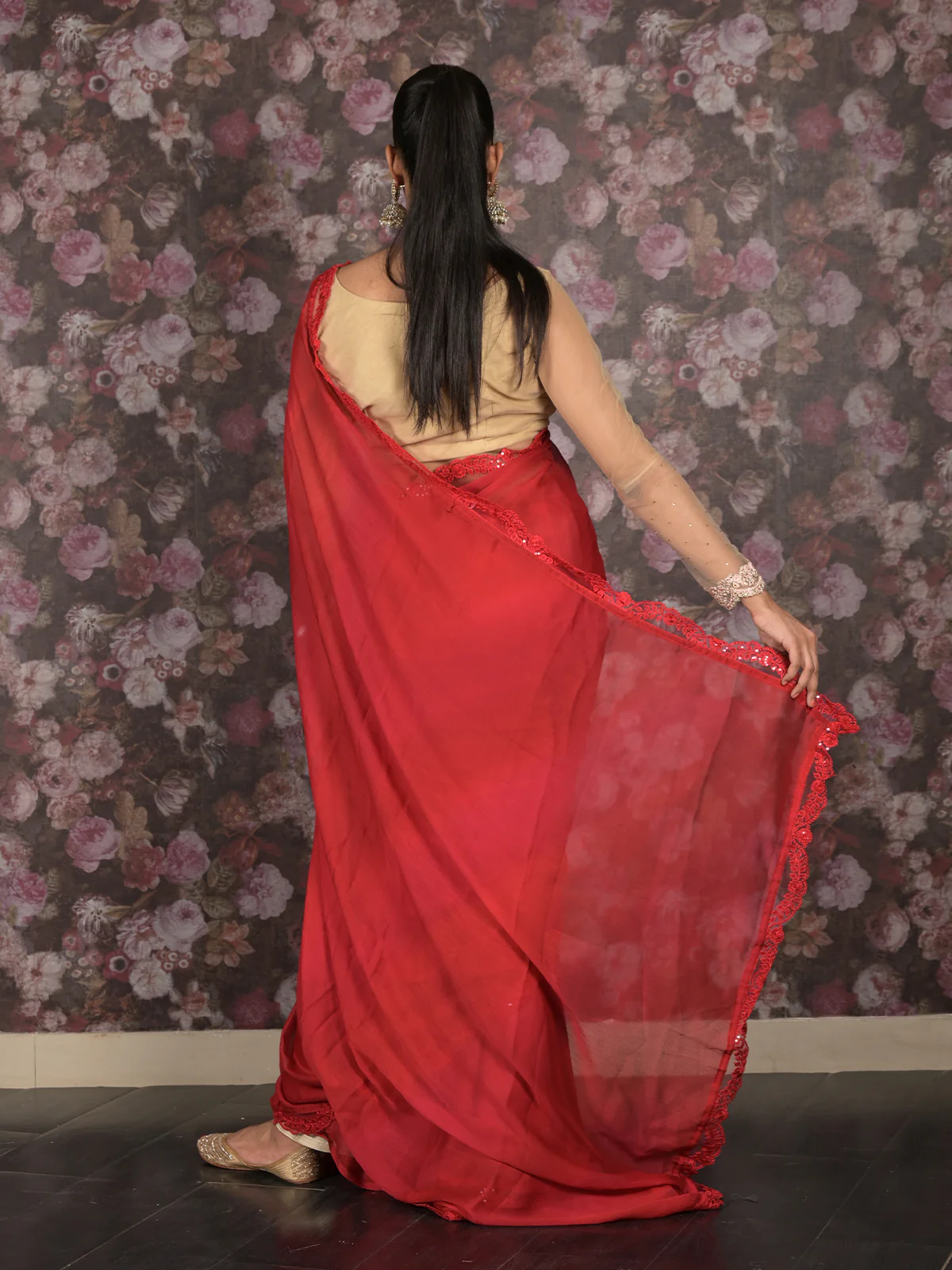 Odette Red Chiffon Embroidered Saree With Blouse Piece For Women - Image 4