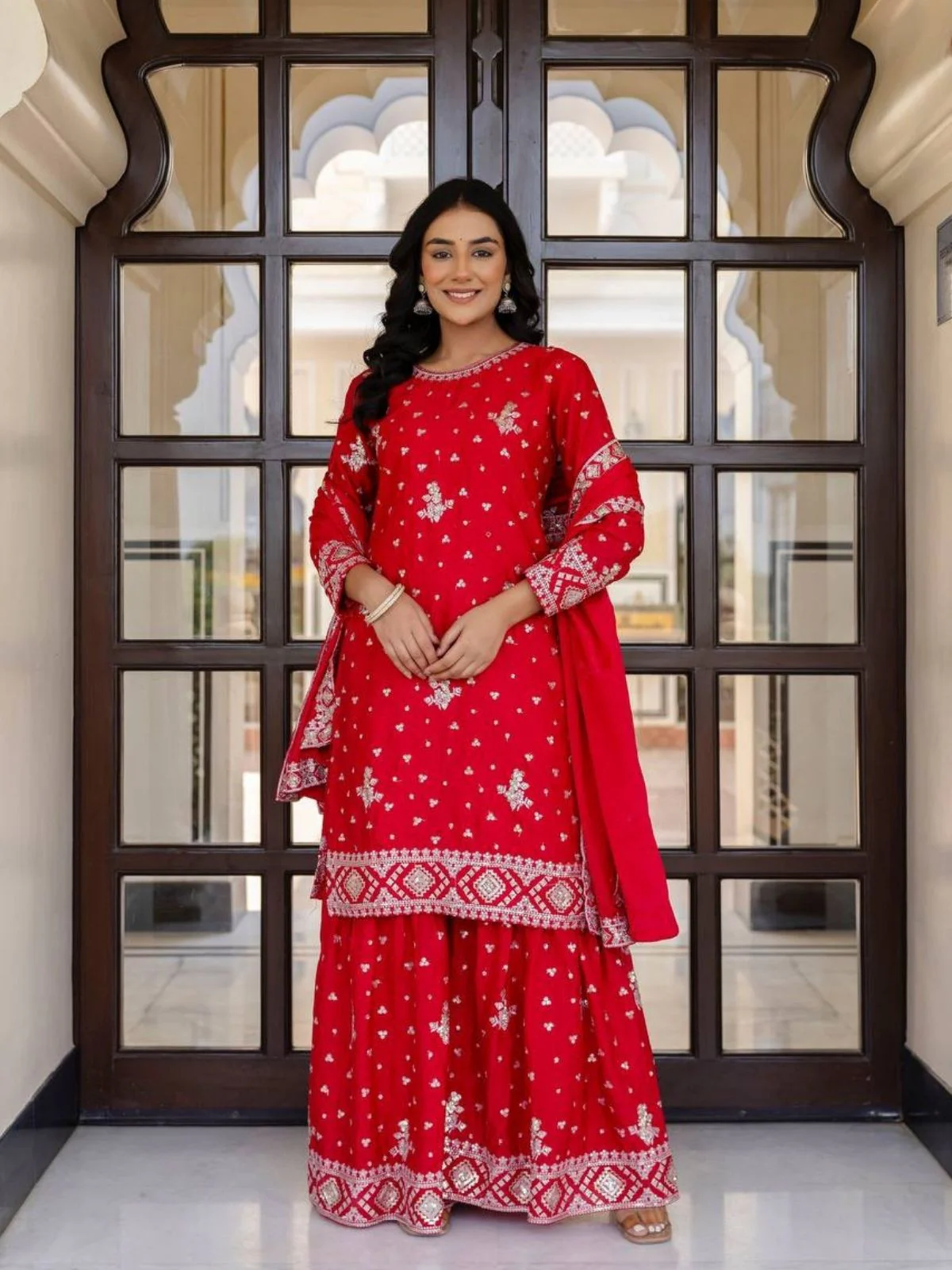 Odette Red Chiffon Embroidered Stitched Kurta Set For Women