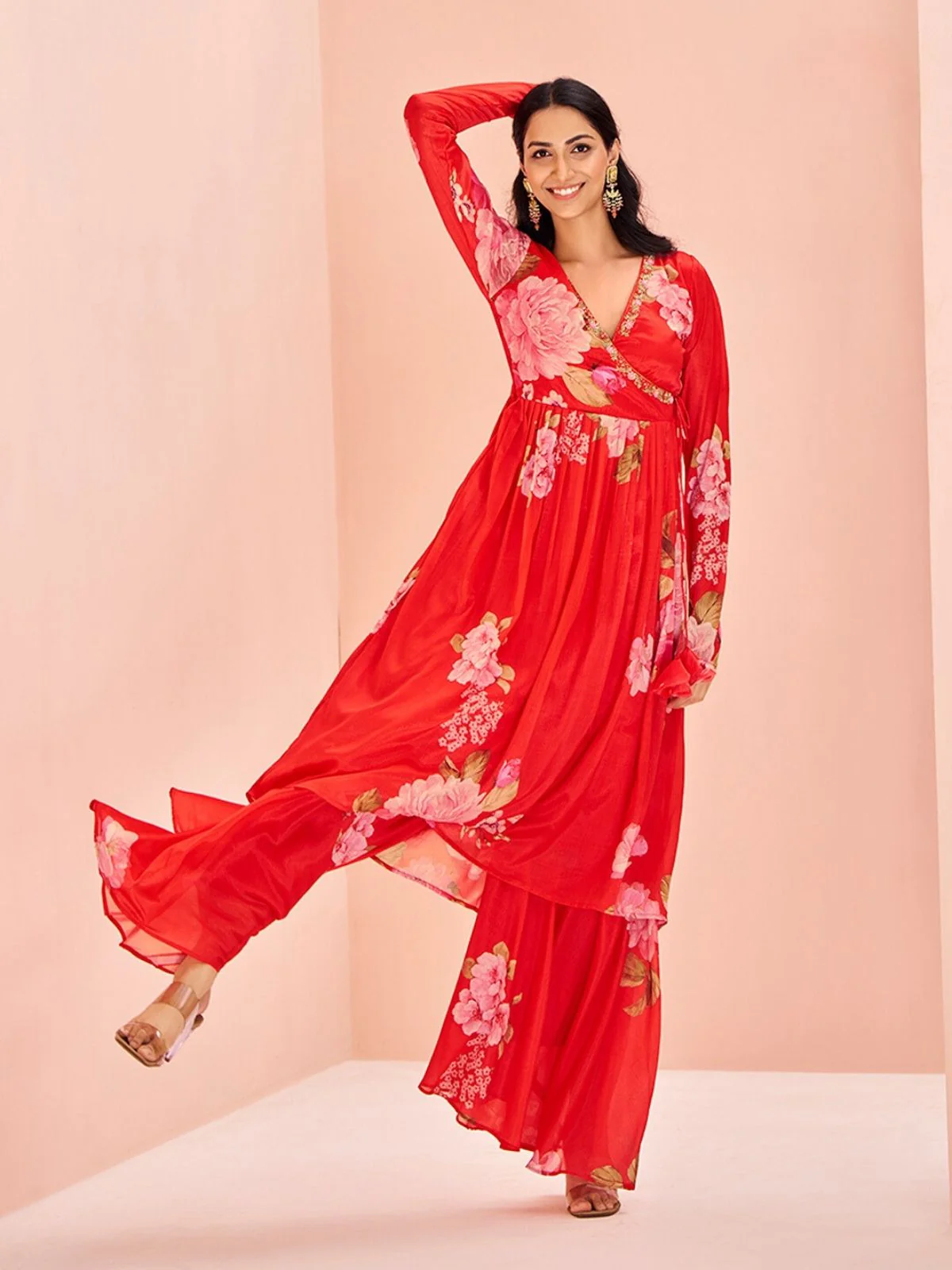 Odette Red Chinon Printed Stitched Kurta Set For Women - Image 2
